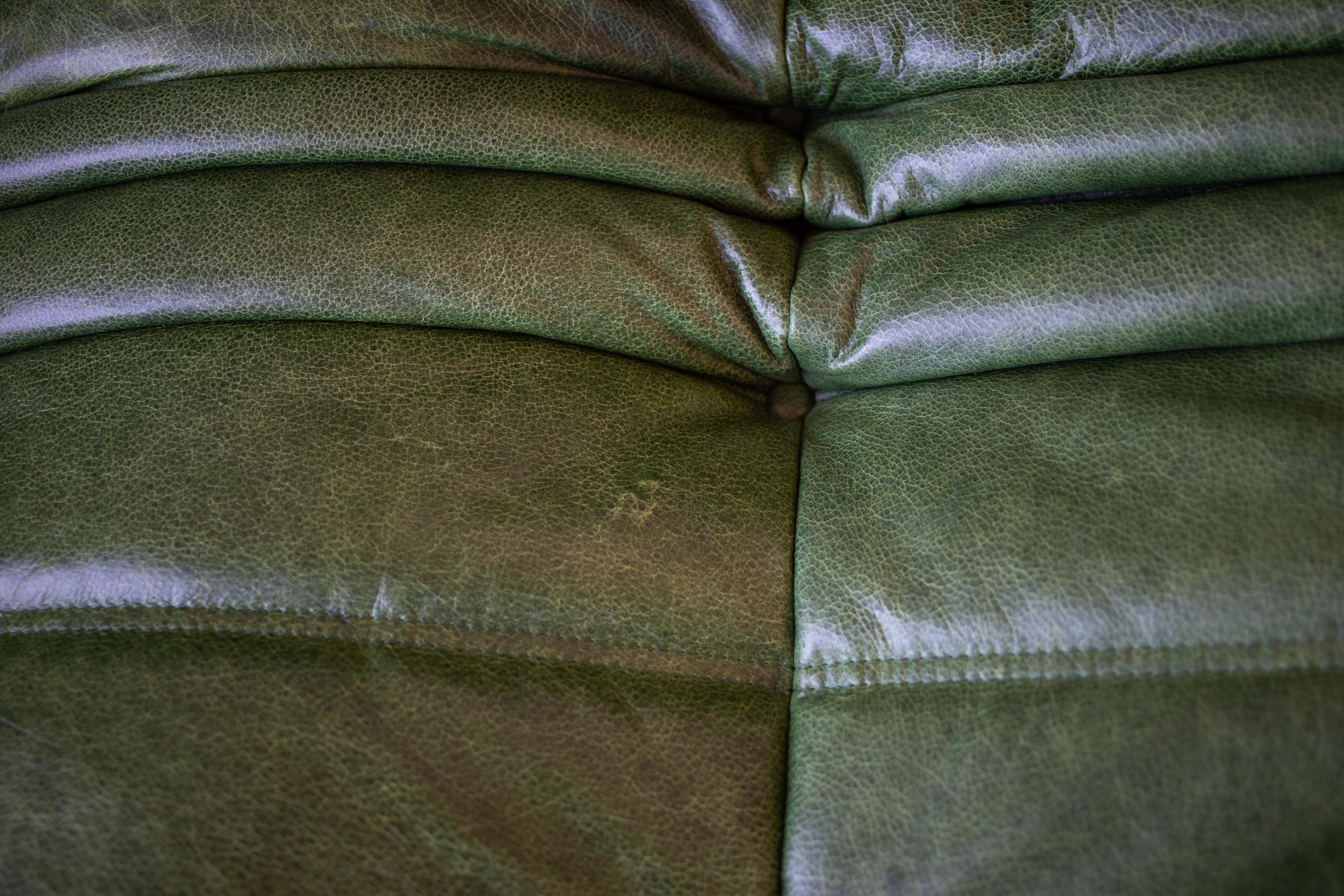 Mid-Century Modern Togo 3-Seat Sofa by Michel Ducaroy for Ligne Roset, Dubai Green Leather For Sale