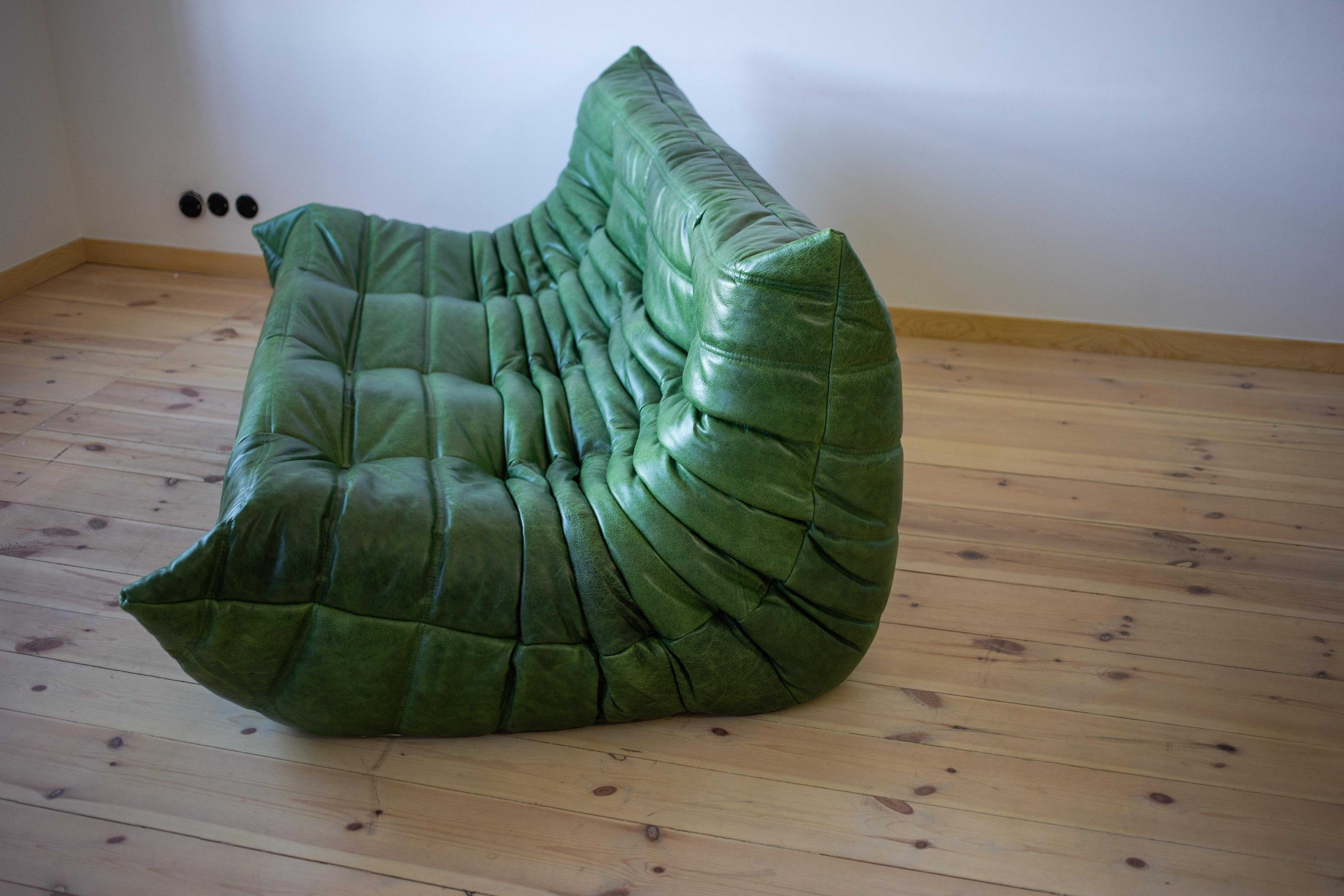 Togo 3-Seat Sofa by Michel Ducaroy for Ligne Roset, Dubai Green Leather In Excellent Condition For Sale In Berlin, DE