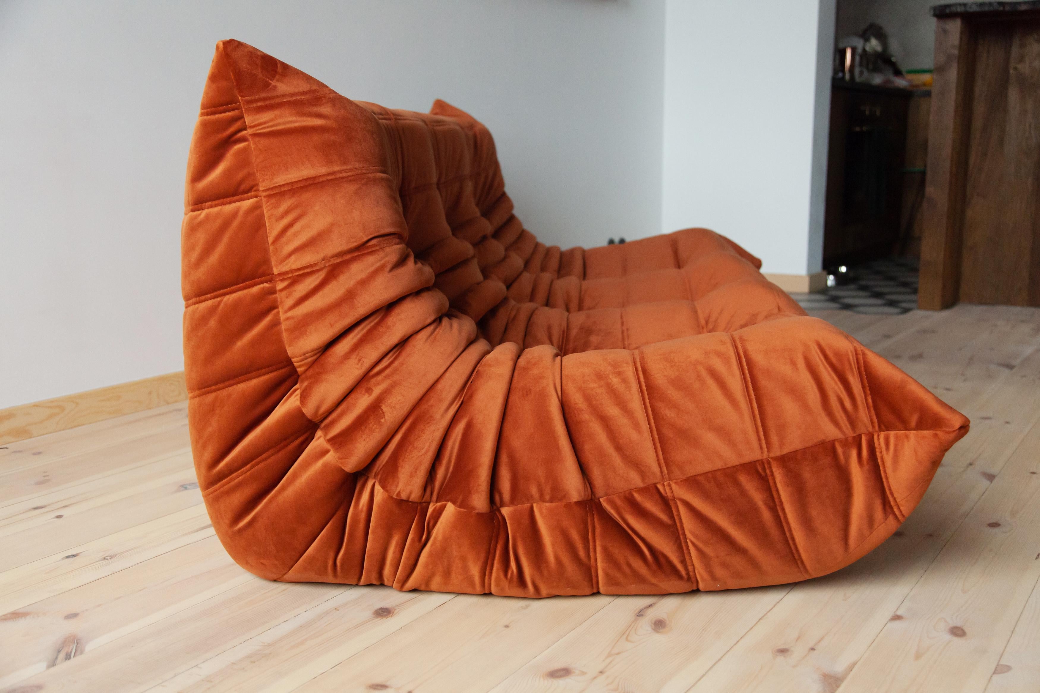 Togo 3-Seat Sofa in Amber Velvet by Michel Ducaroy for Ligne Roset For Sale 4