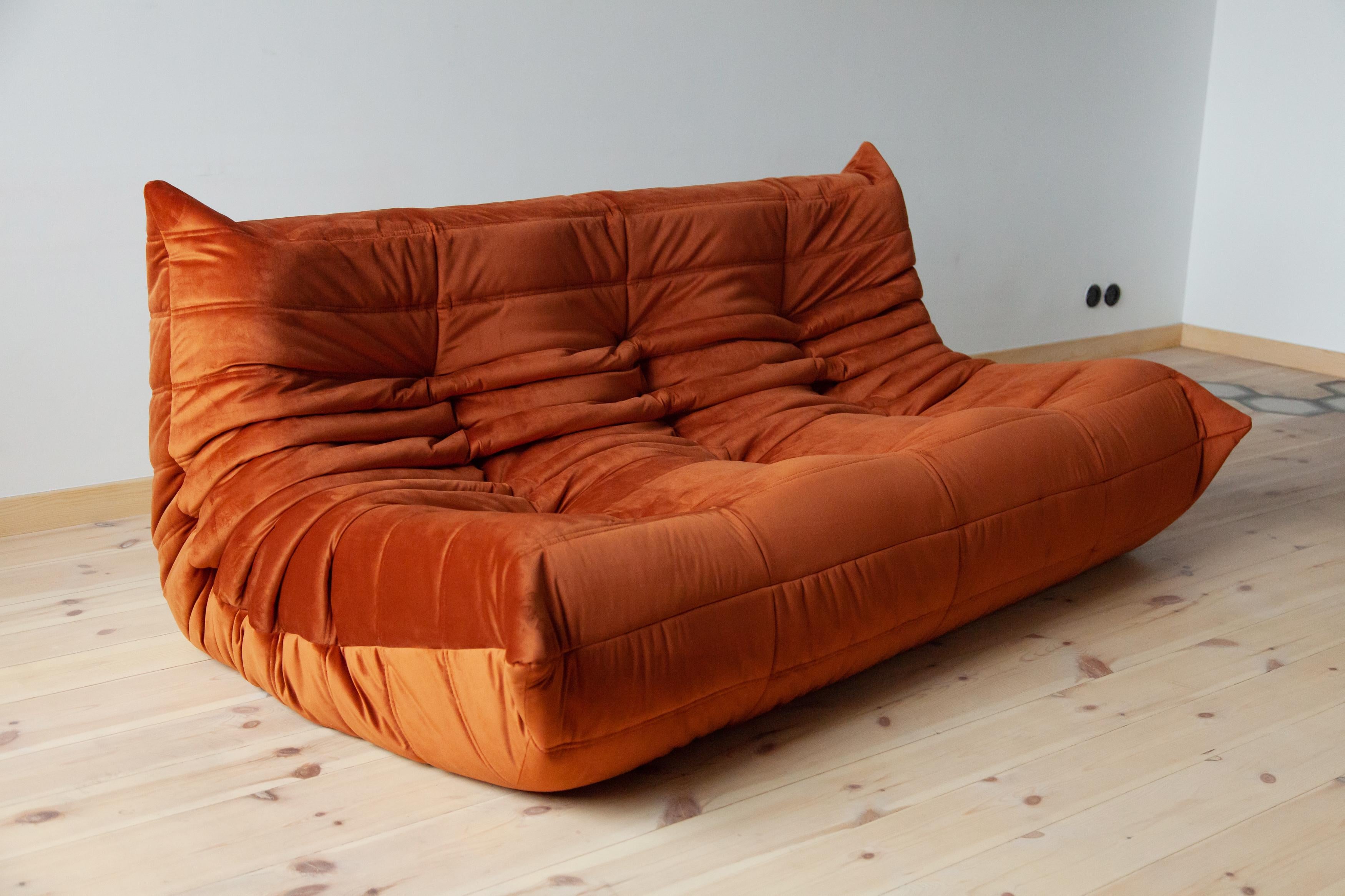 Togo 3-Seat Sofa in Amber Velvet by Michel Ducaroy for Ligne Roset For Sale 5