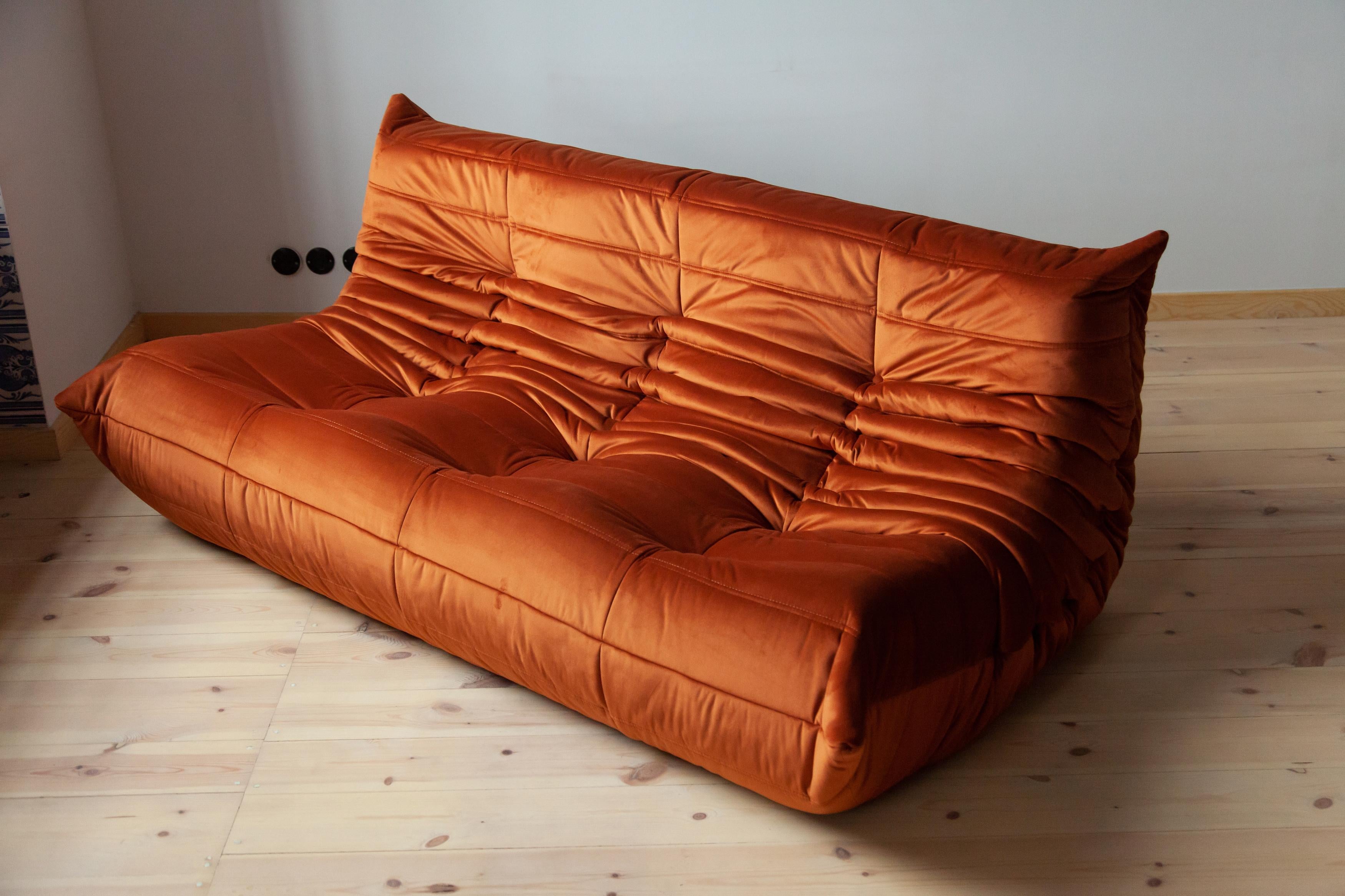 Mid-Century Modern Togo 3-Seat Sofa in Amber Velvet by Michel Ducaroy for Ligne Roset For Sale