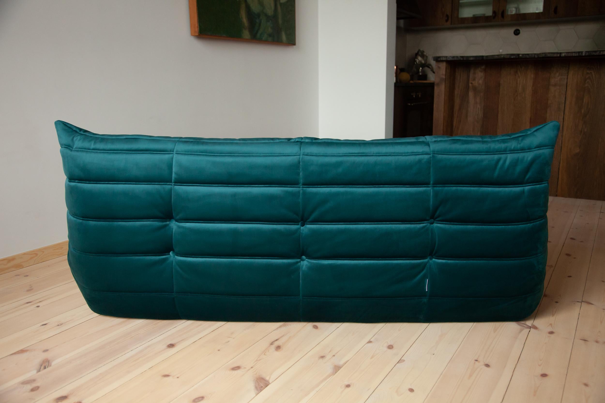 Togo 3-Seat Sofa in Blue-Green Velvet by Michel Ducaroy for Ligne Roset For Sale 6