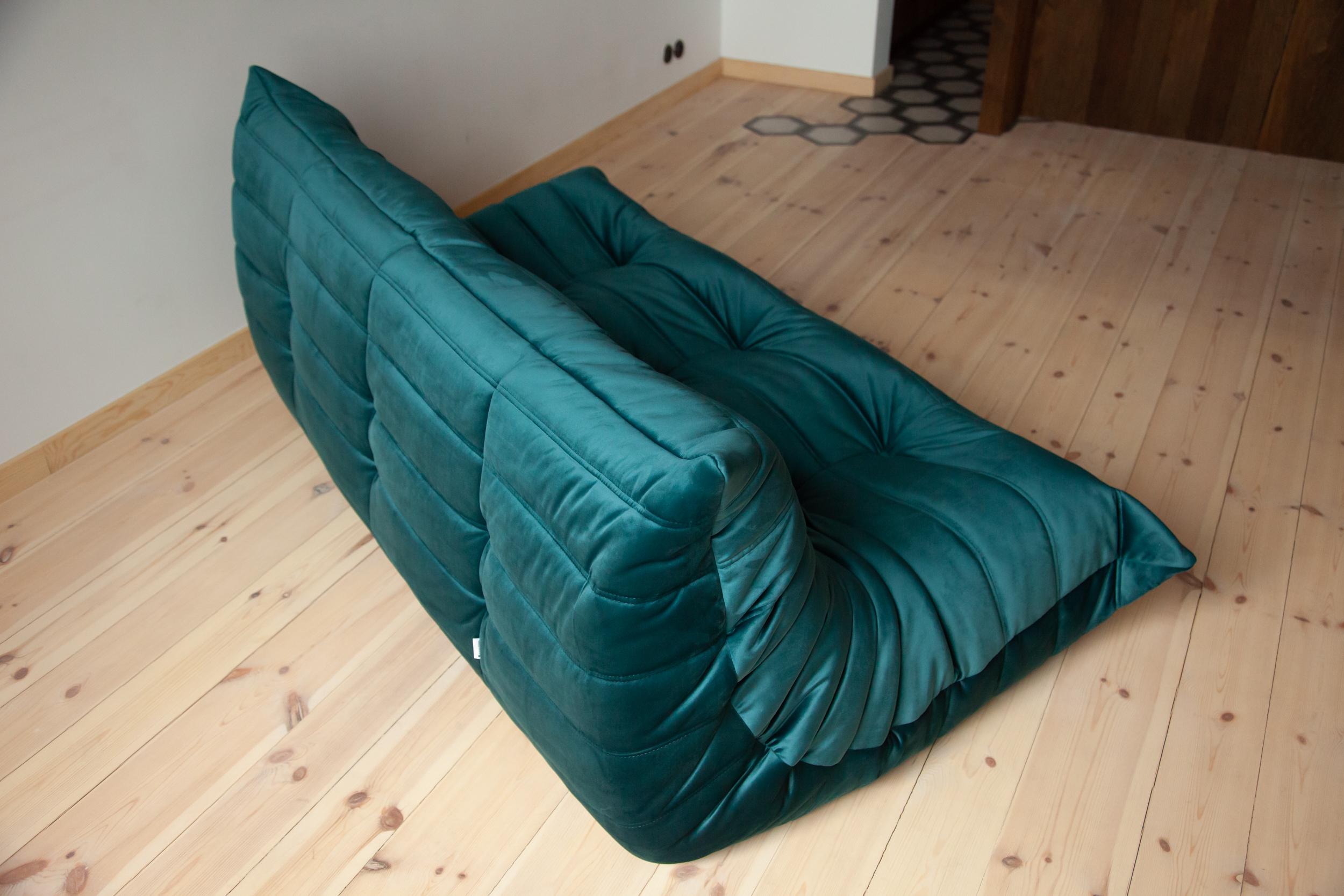 Togo 3-Seat Sofa in Blue-Green Velvet by Michel Ducaroy for Ligne Roset For Sale 7