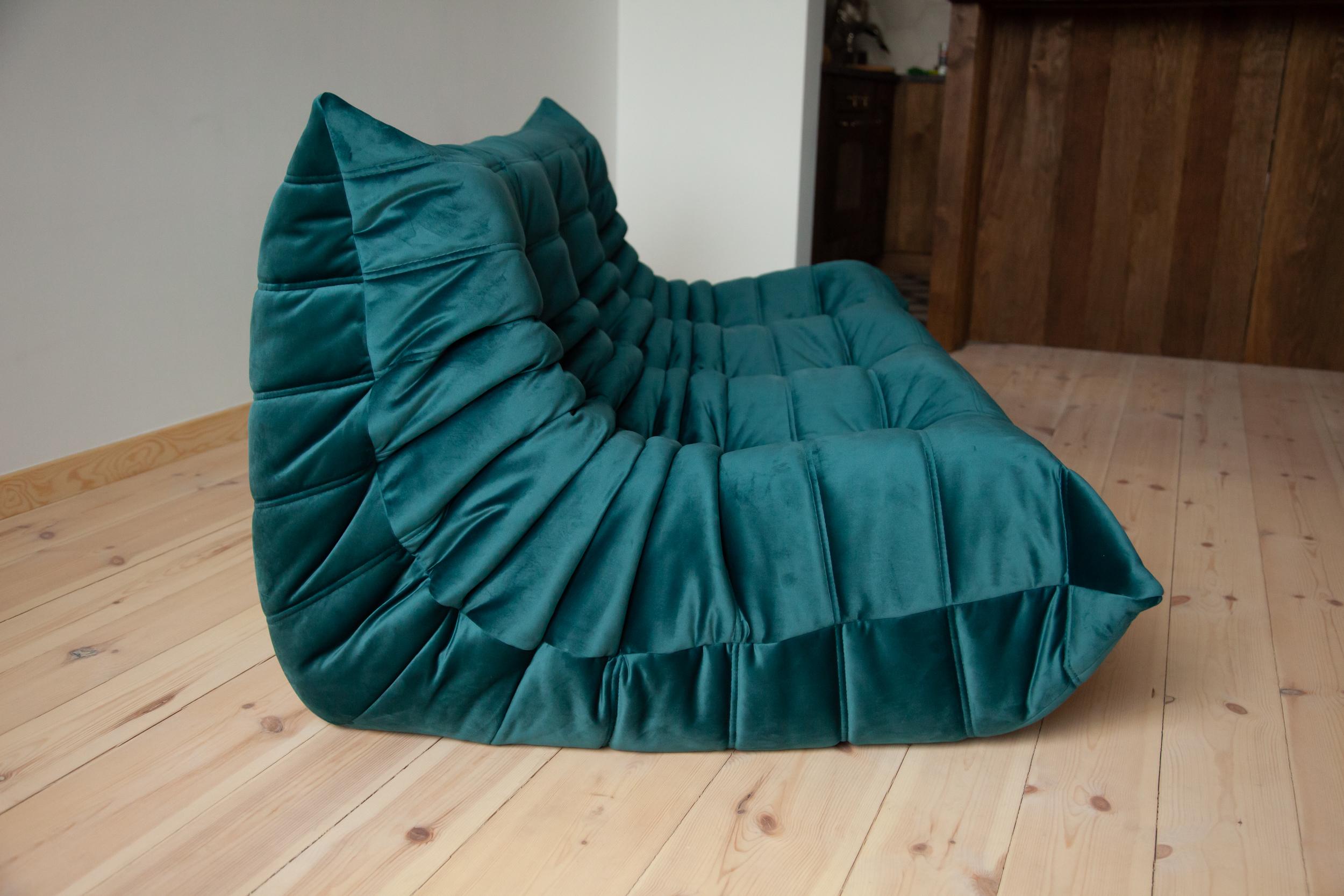 Togo 3-Seat Sofa in Blue-Green Velvet by Michel Ducaroy for Ligne Roset For Sale 8