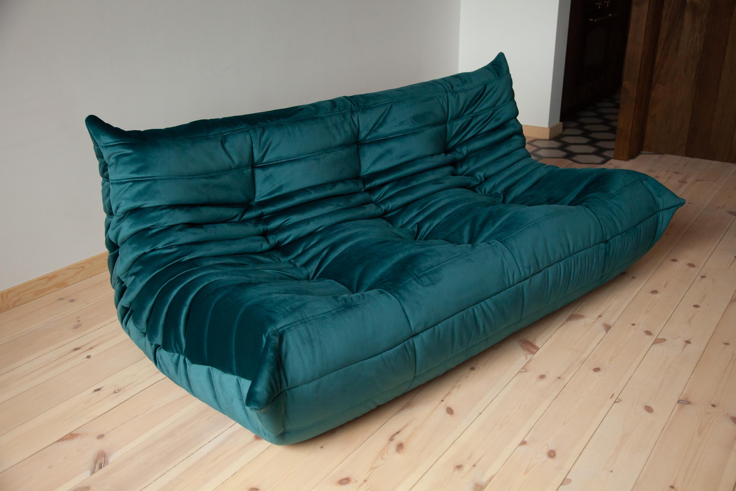 Togo 3-Seat Sofa in Blue-Green Velvet by Michel Ducaroy for Ligne Roset For Sale 9