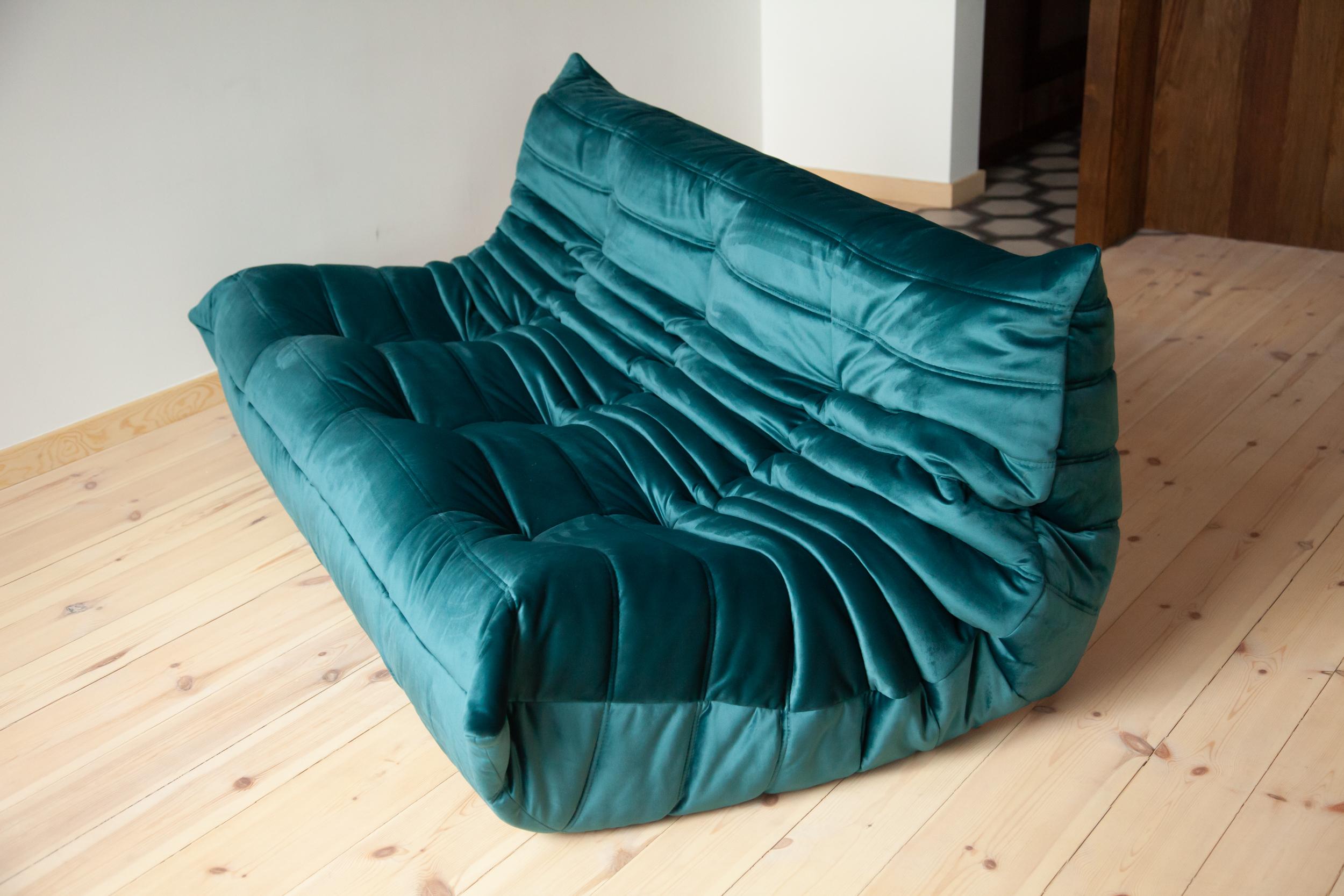 Mid-Century Modern Togo 3-Seat Sofa in Blue-Green Velvet by Michel Ducaroy for Ligne Roset For Sale