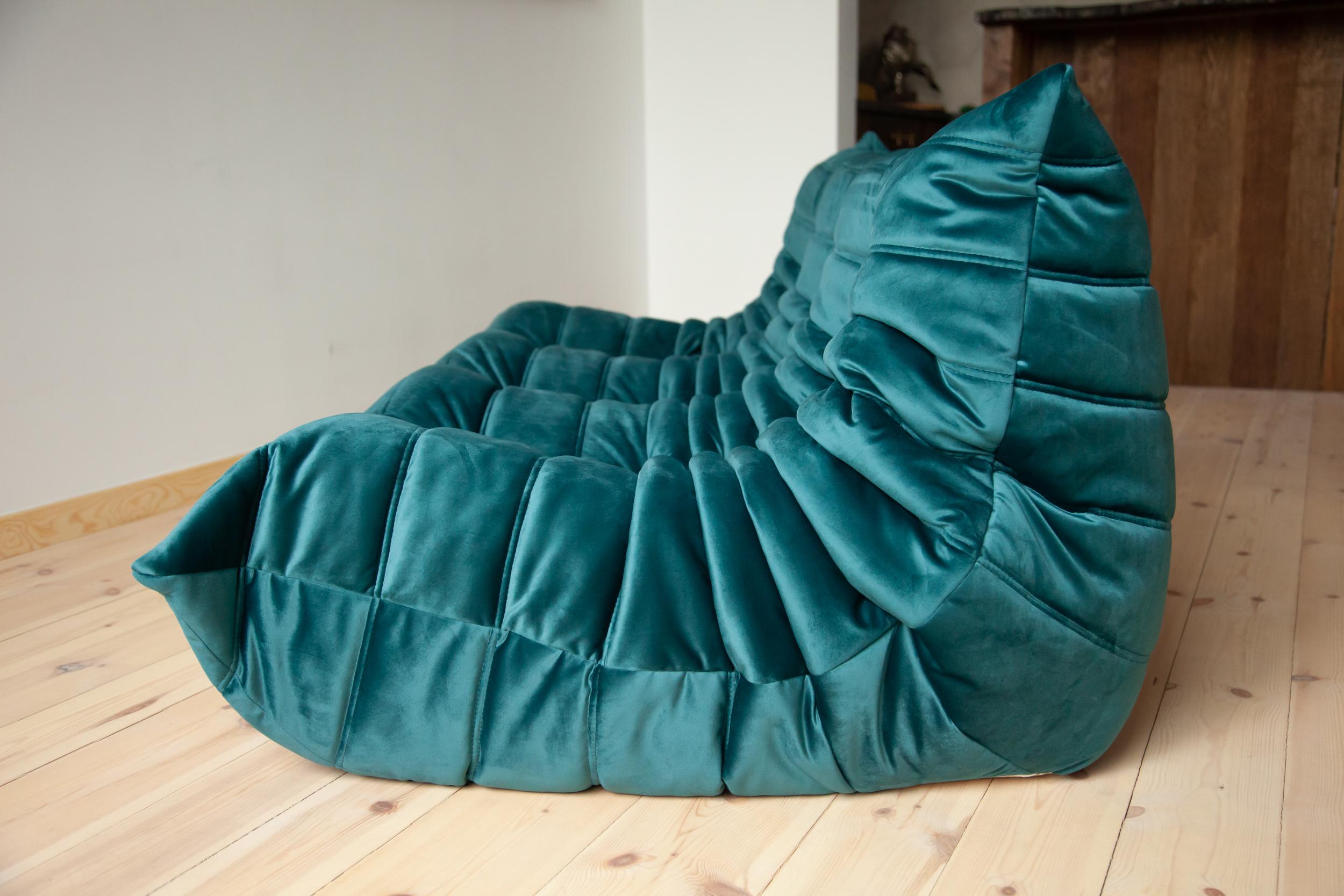 French Togo 3-Seat Sofa in Blue-Green Velvet by Michel Ducaroy for Ligne Roset For Sale