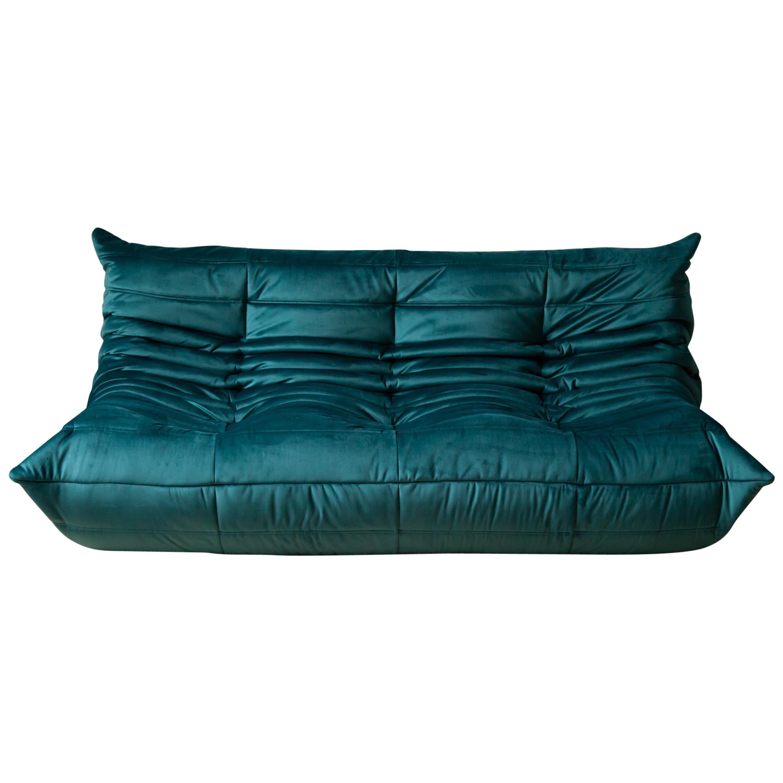 Togo 3-Seat Sofa in Blue-Green Velvet by Michel Ducaroy for Ligne Roset For Sale