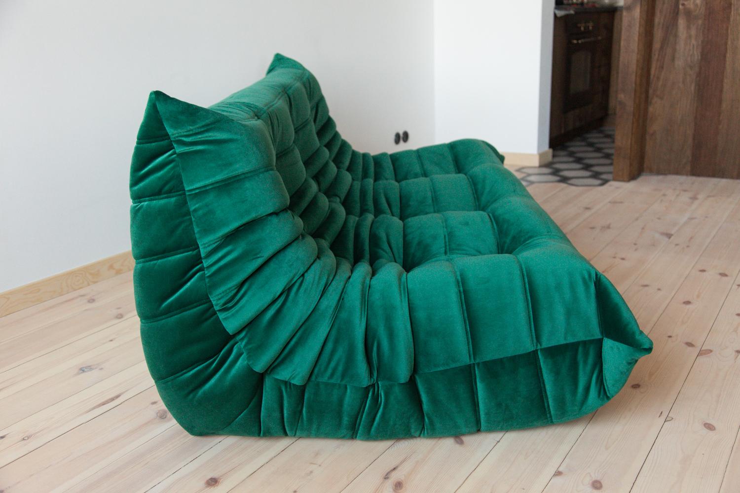 Togo 3-Seat Sofa in Bottle Green Velvet by Michel Ducaroy for Ligne Roset For Sale 5