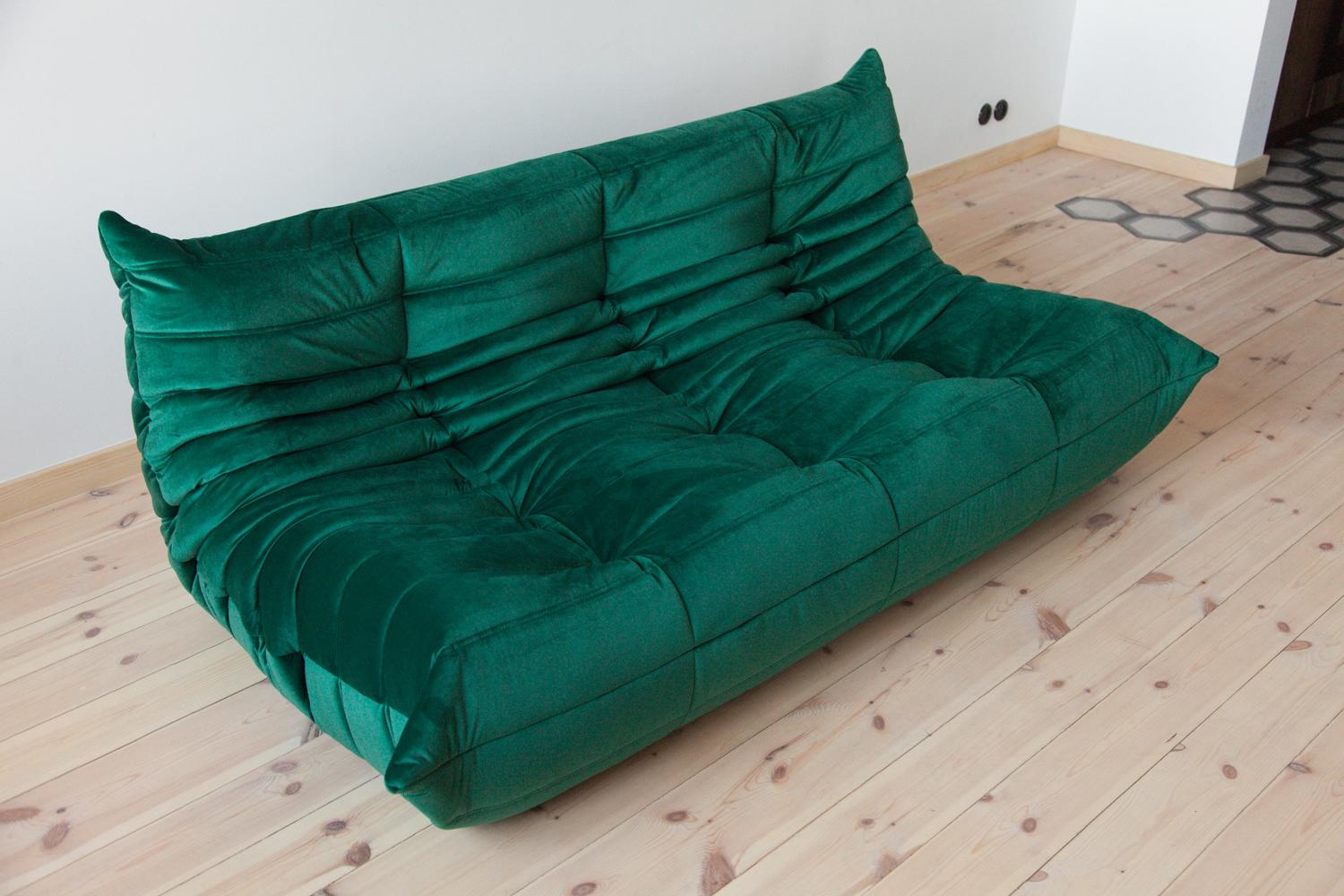Togo 3-Seat Sofa in Bottle Green Velvet by Michel Ducaroy for Ligne Roset For Sale 6