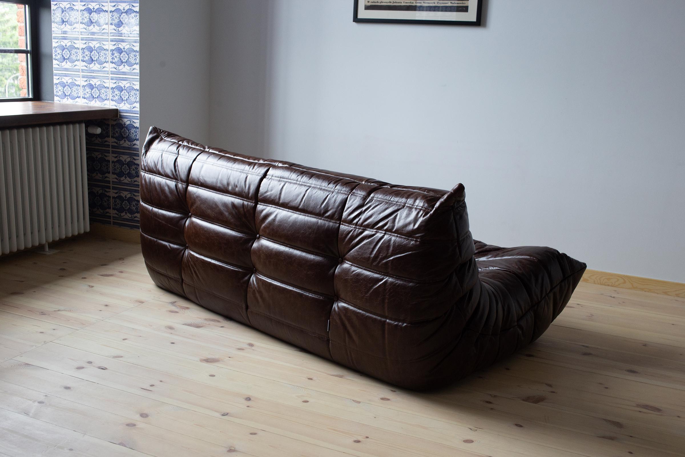 French Togo 3-Seat Sofa in Brown Dubai Leather by Michel Ducaroy for Ligne Roset For Sale
