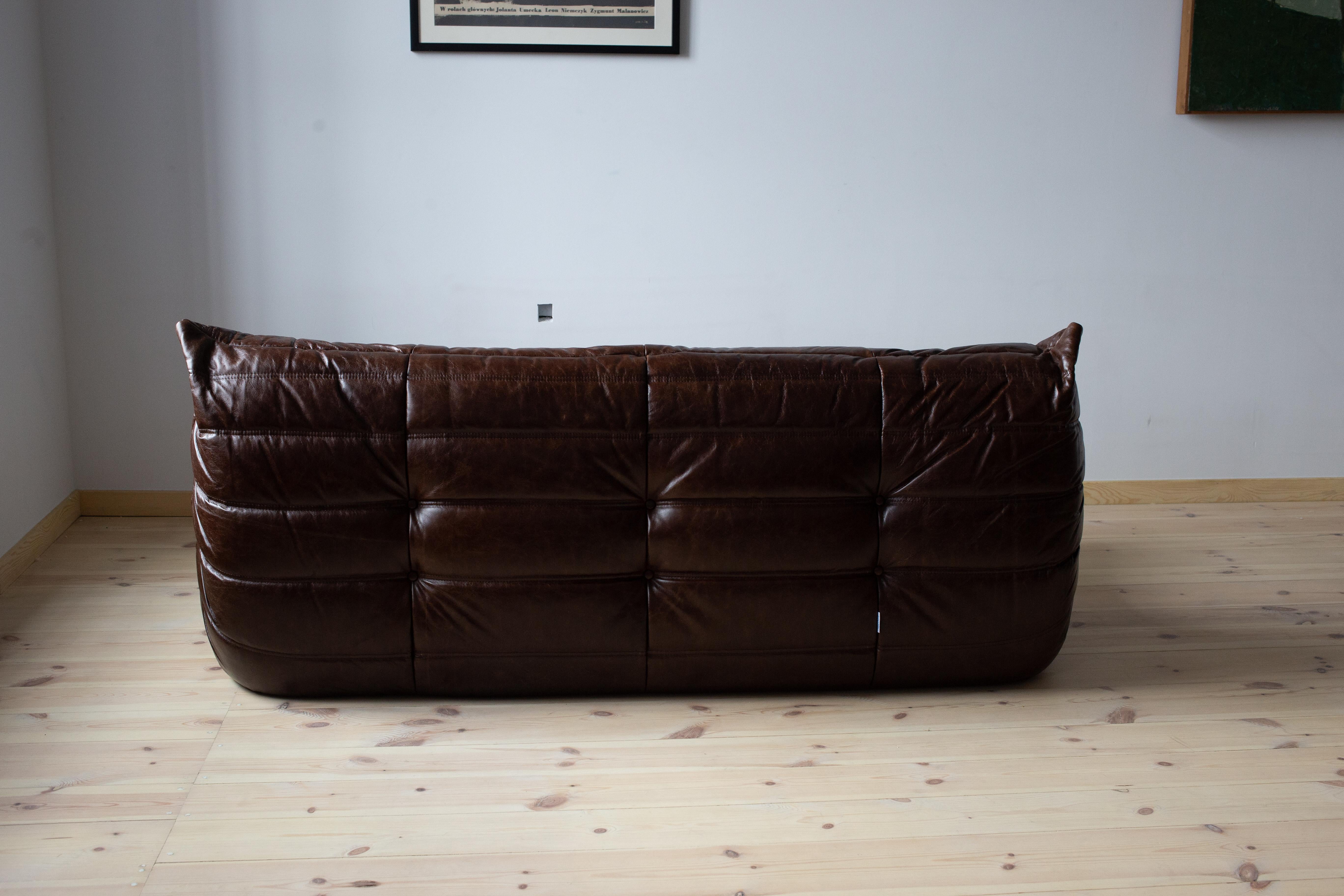 Late 20th Century Togo 3-Seat Sofa in Brown Dubai Leather by Michel Ducaroy for Ligne Roset For Sale