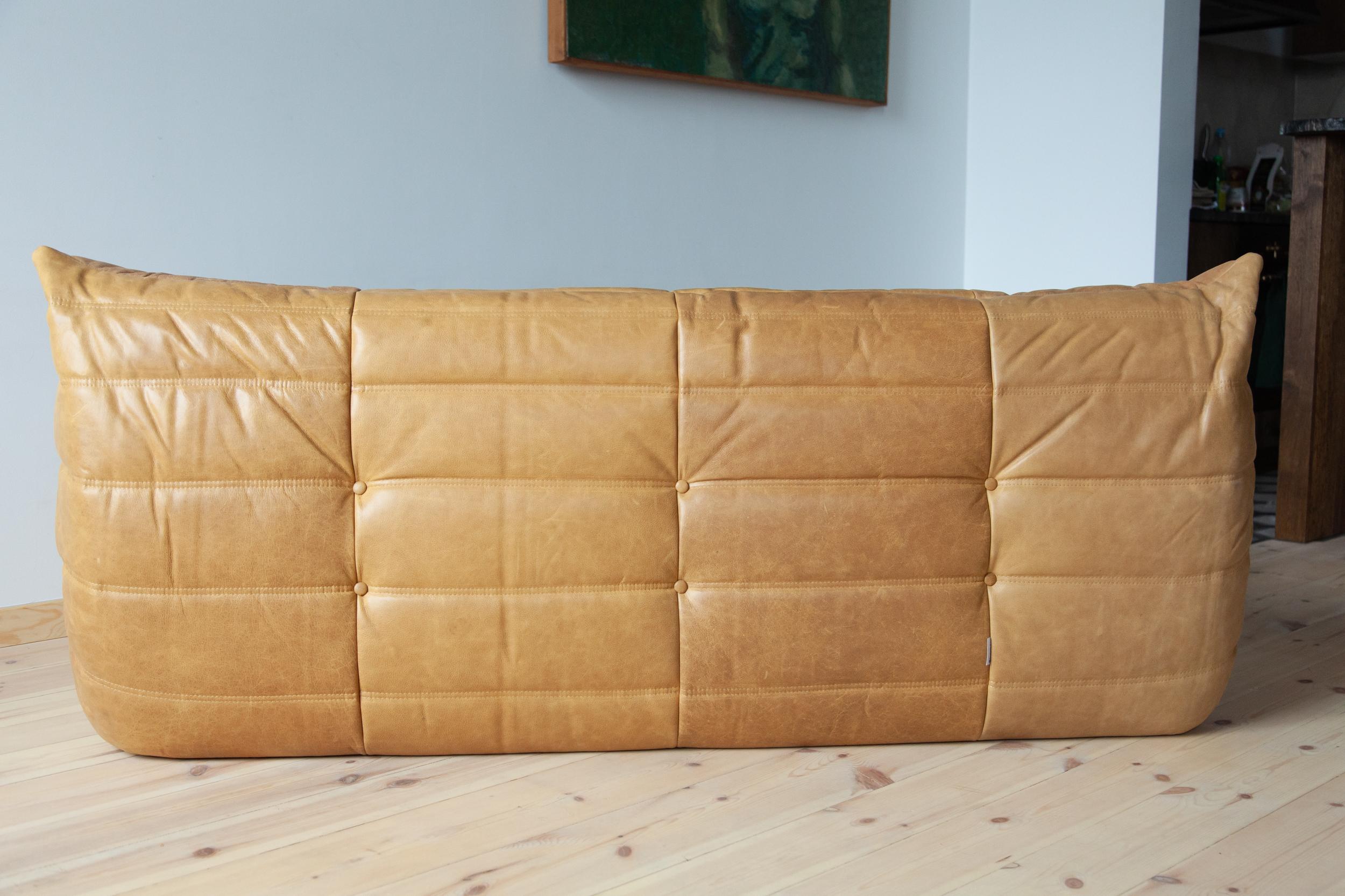 Late 20th Century Togo 3-Seat Sofa in Camel Brown Leather by Michel Ducaroy for Ligne Roset For Sale