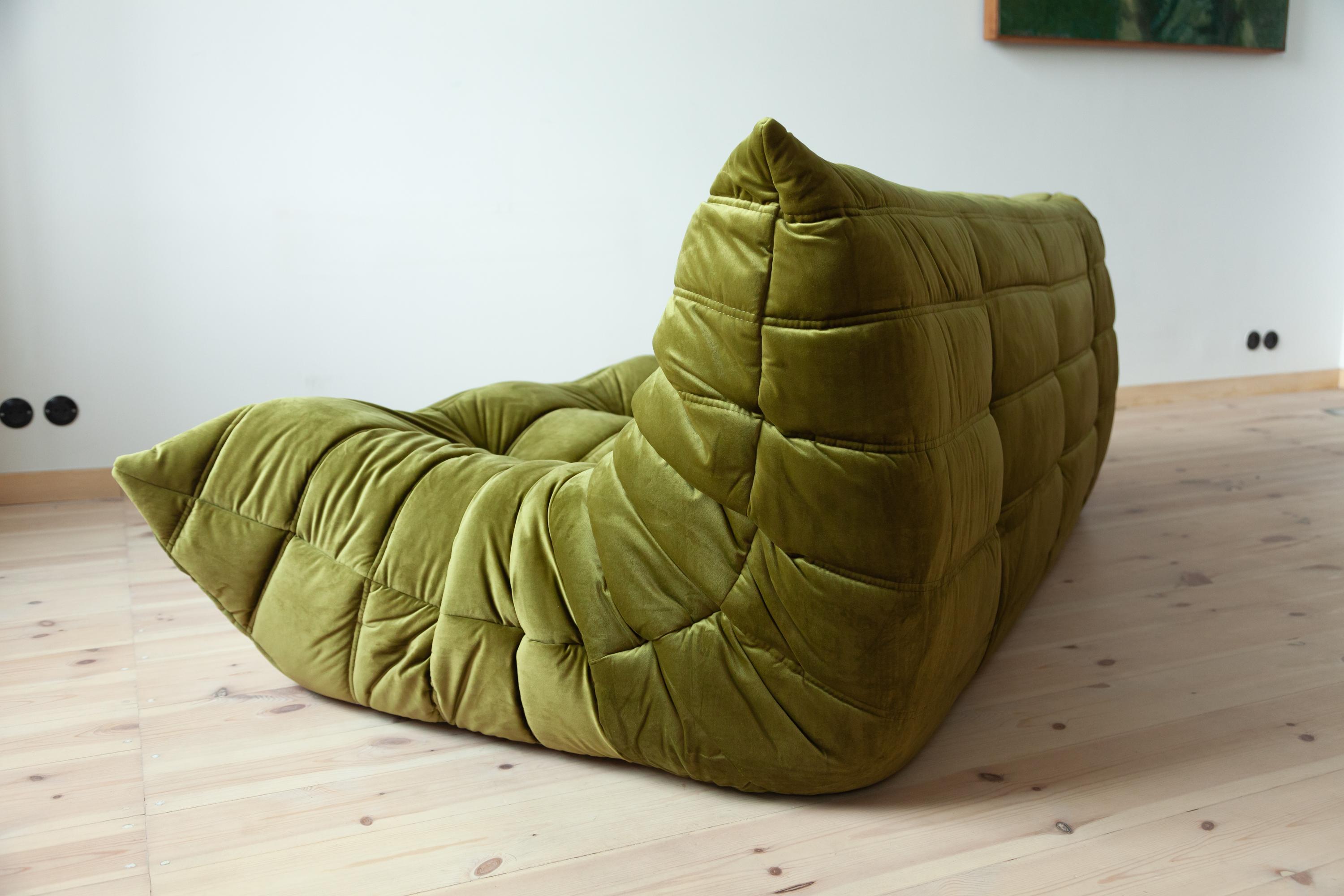French Togo 3-Seat Sofa in Green Velvet by Michel Ducaroy for Ligne Roset For Sale