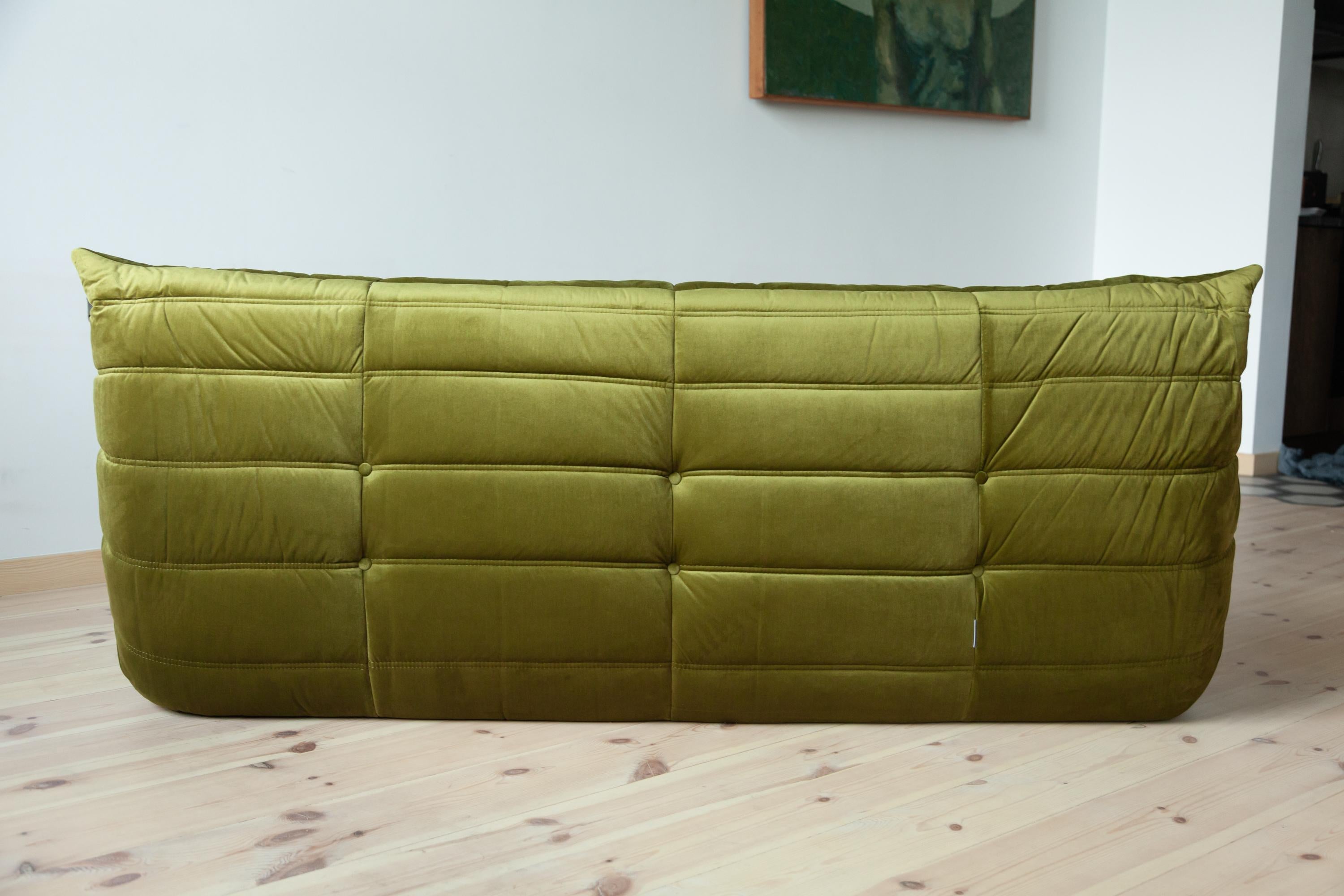 Togo 3-Seat Sofa in Green Velvet by Michel Ducaroy for Ligne Roset In Excellent Condition For Sale In Berlin, DE