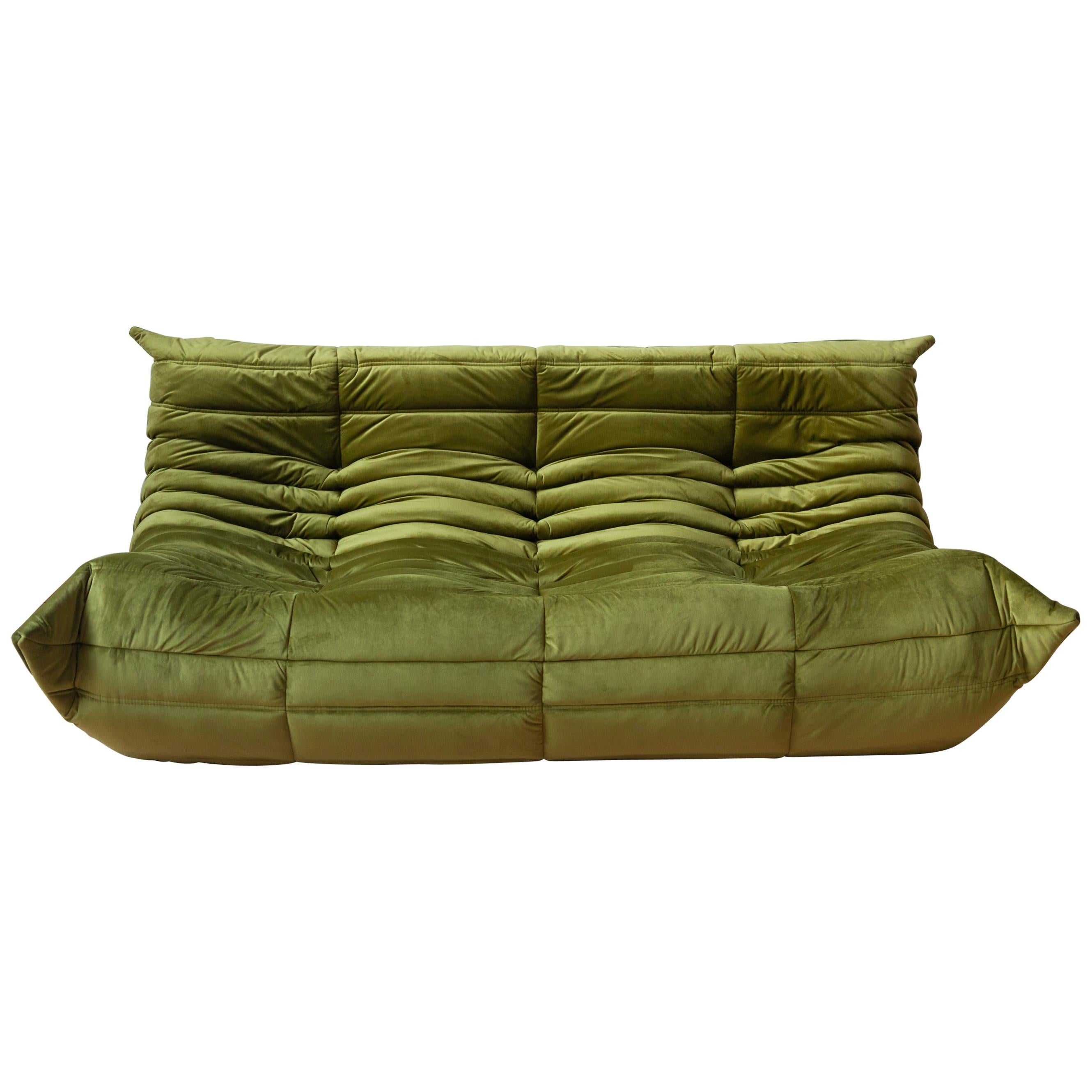 Togo 3-Seat Sofa in Green Velvet by Michel Ducaroy for Ligne Roset For Sale