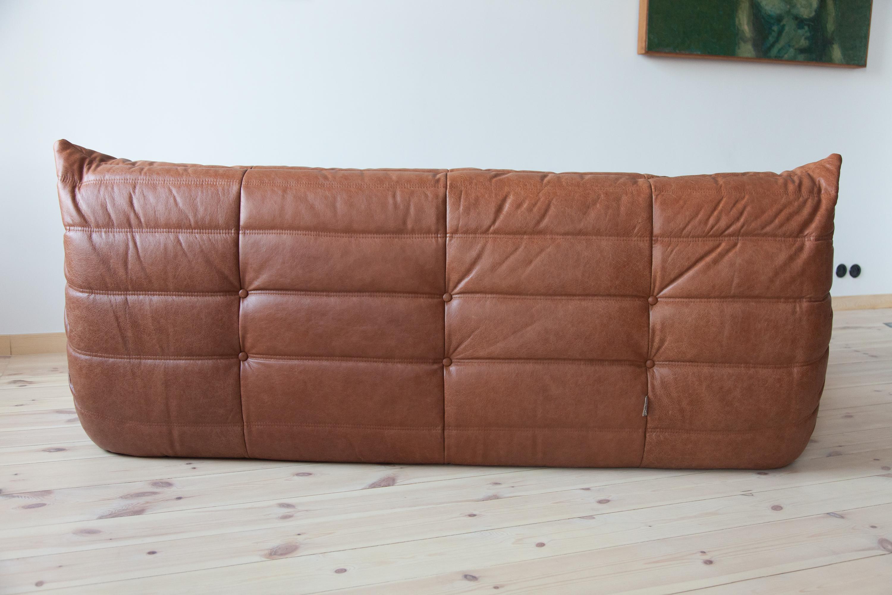 Togo 3-Seat Sofa in Kentucky Brown Leather by Michel Ducaroy for Ligne Roset For Sale 4
