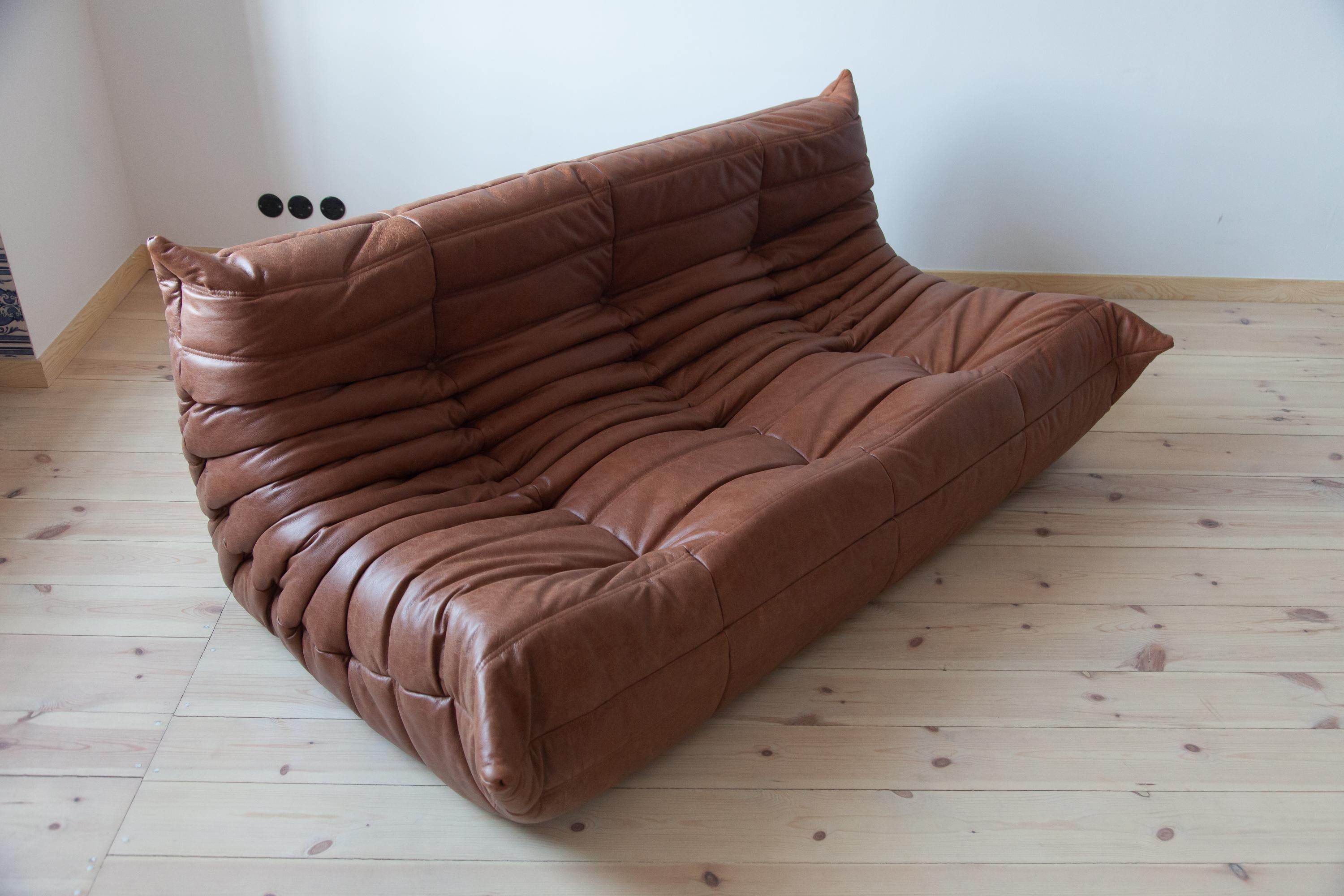 Togo 3-Seat Sofa in Kentucky Brown Leather by Michel Ducaroy for Ligne Roset For Sale 7