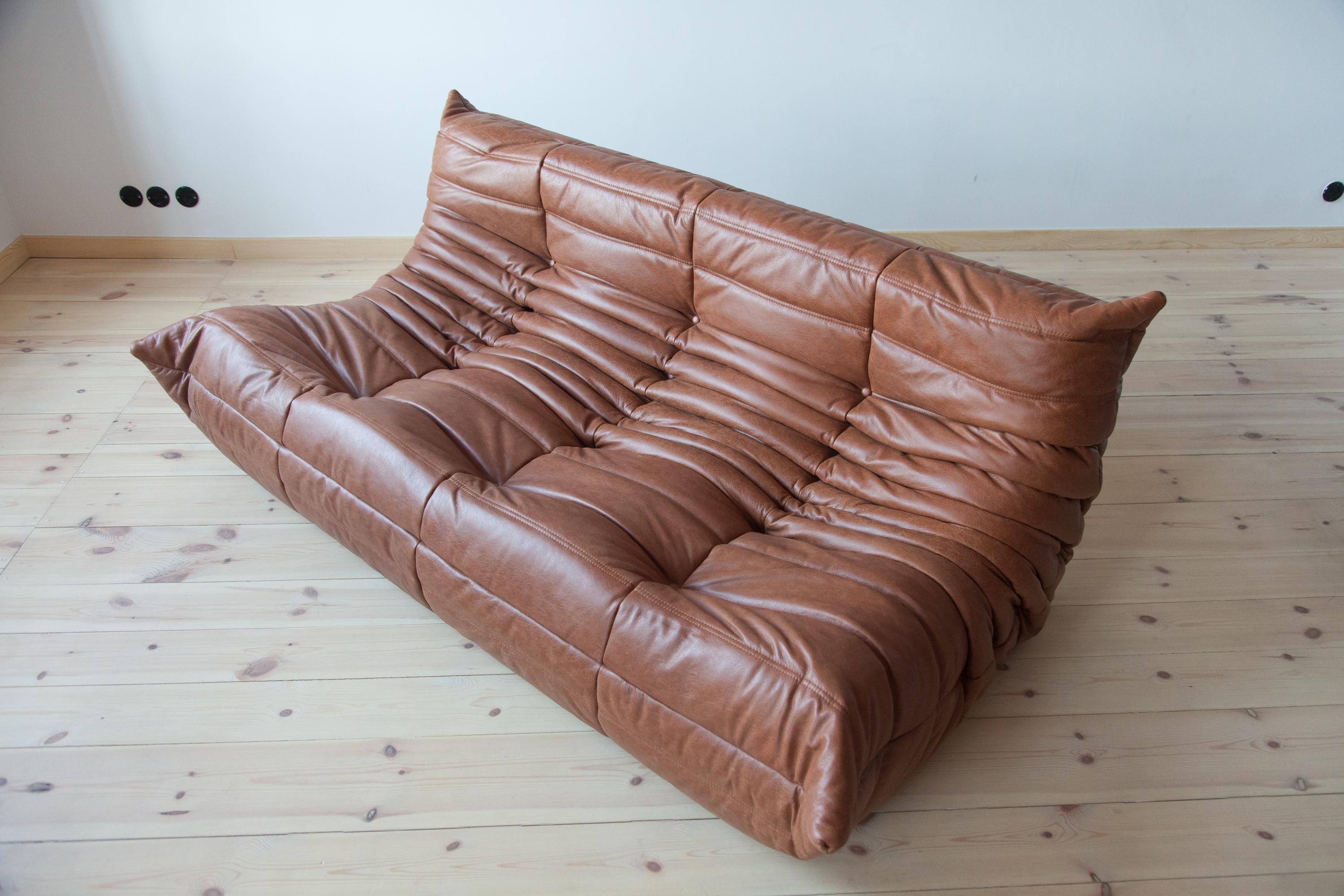 Mid-Century Modern Togo 3-Seat Sofa in Kentucky Brown Leather by Michel Ducaroy for Ligne Roset For Sale