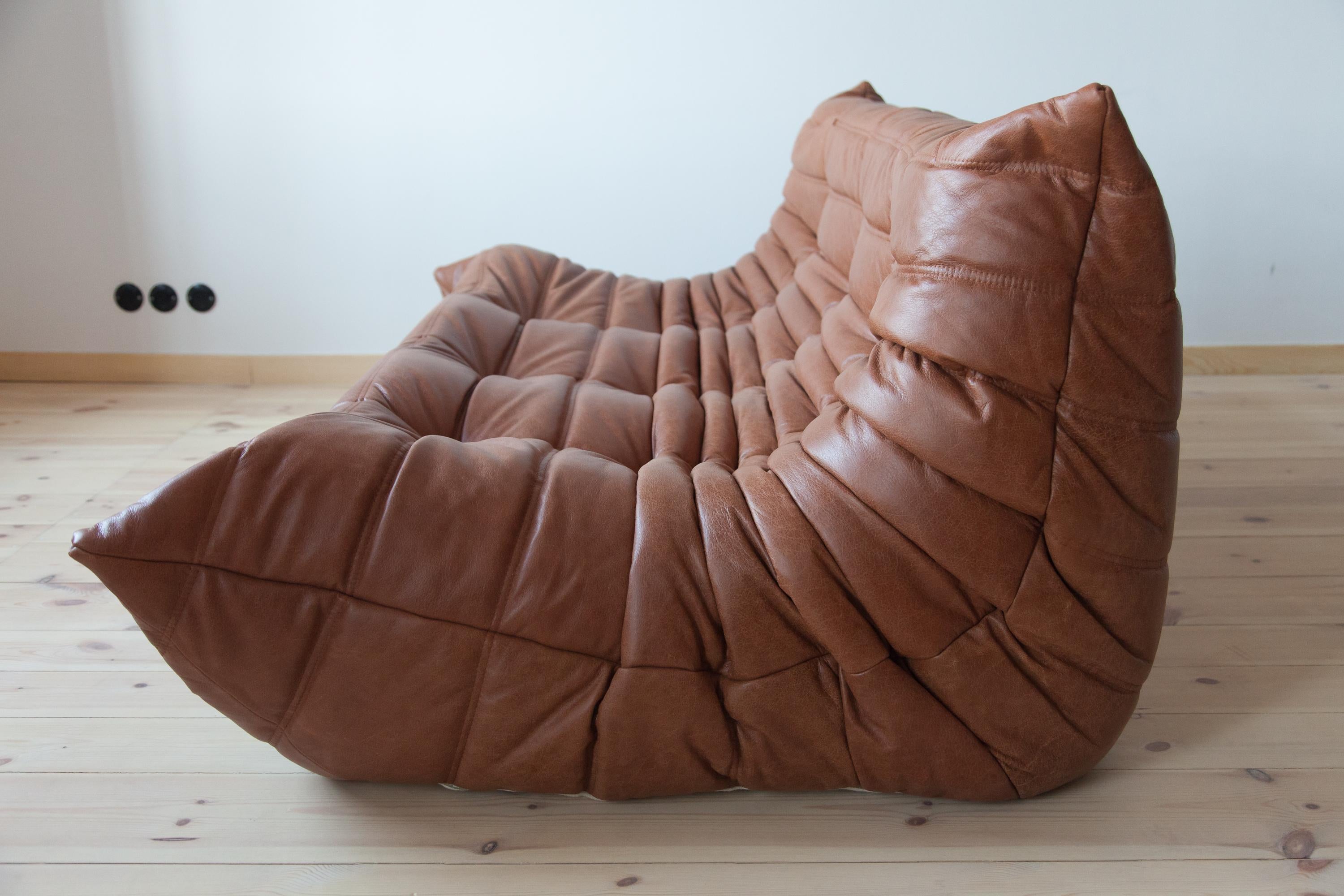 French Togo 3-Seat Sofa in Kentucky Brown Leather by Michel Ducaroy for Ligne Roset For Sale
