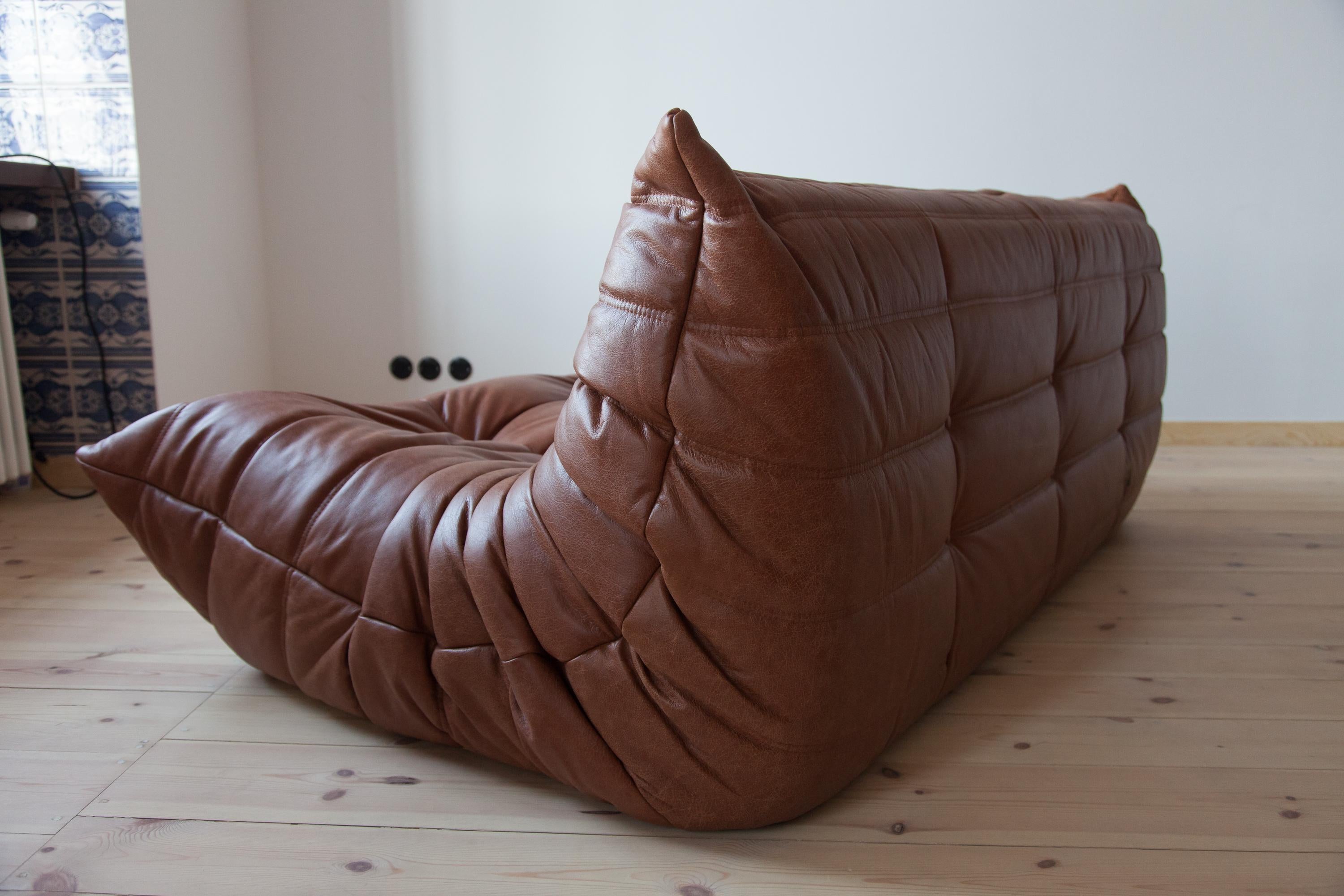 Togo 3-Seat Sofa in Kentucky Brown Leather by Michel Ducaroy for Ligne Roset For Sale 3