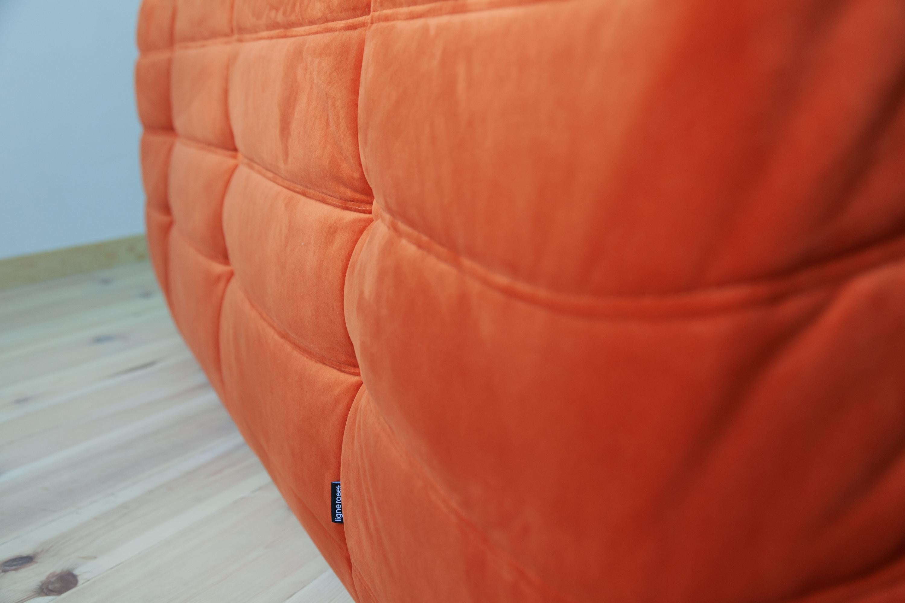 Togo 3-Seat Sofa in Orange Velvet by Michel Ducaroy for Ligne Roset For Sale 8