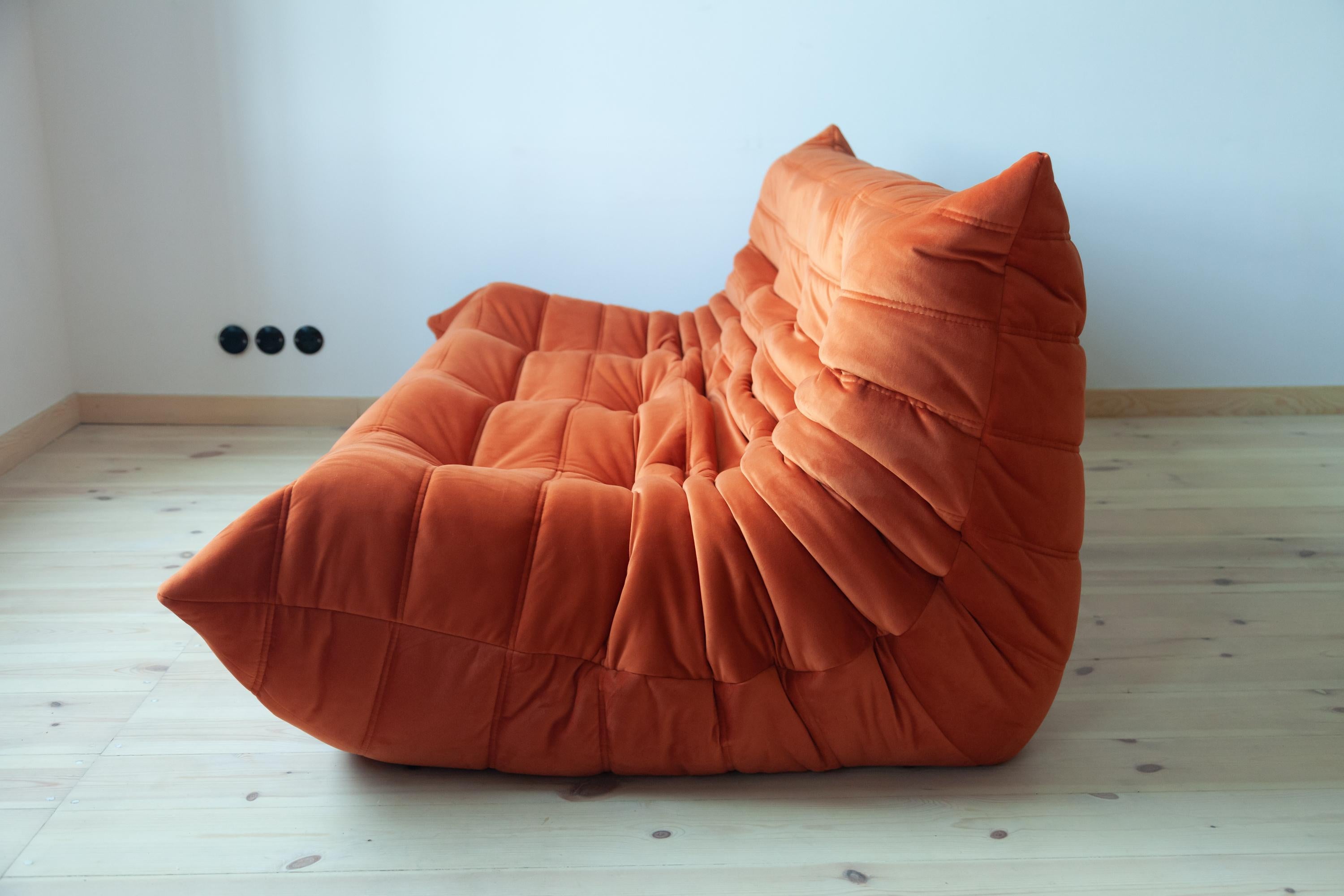Mid-Century Modern Togo 3-Seat Sofa in Orange Velvet by Michel Ducaroy for Ligne Roset For Sale