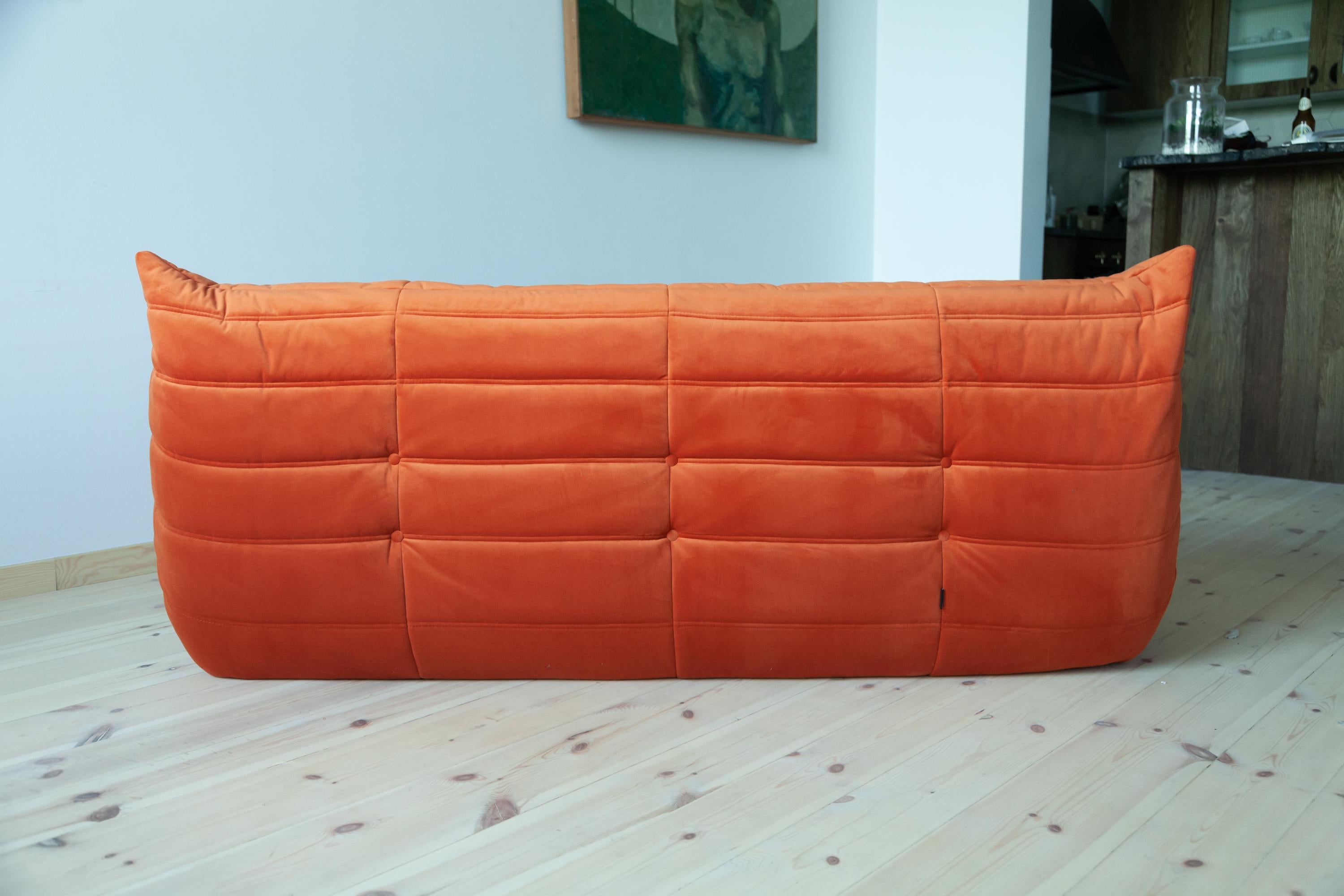 Late 20th Century Togo 3-Seat Sofa in Orange Velvet by Michel Ducaroy for Ligne Roset For Sale