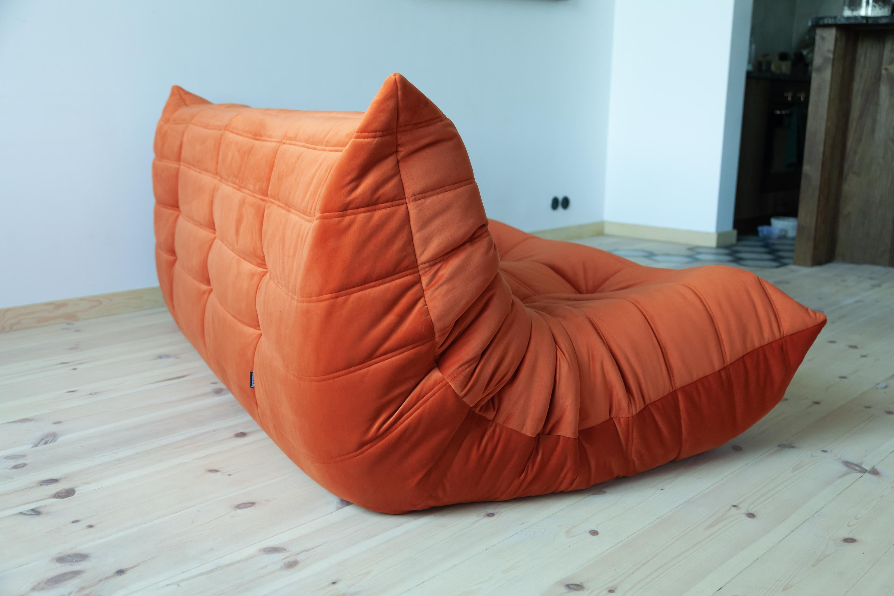 Togo 3-Seat Sofa in Orange Velvet by Michel Ducaroy for Ligne Roset For Sale 1