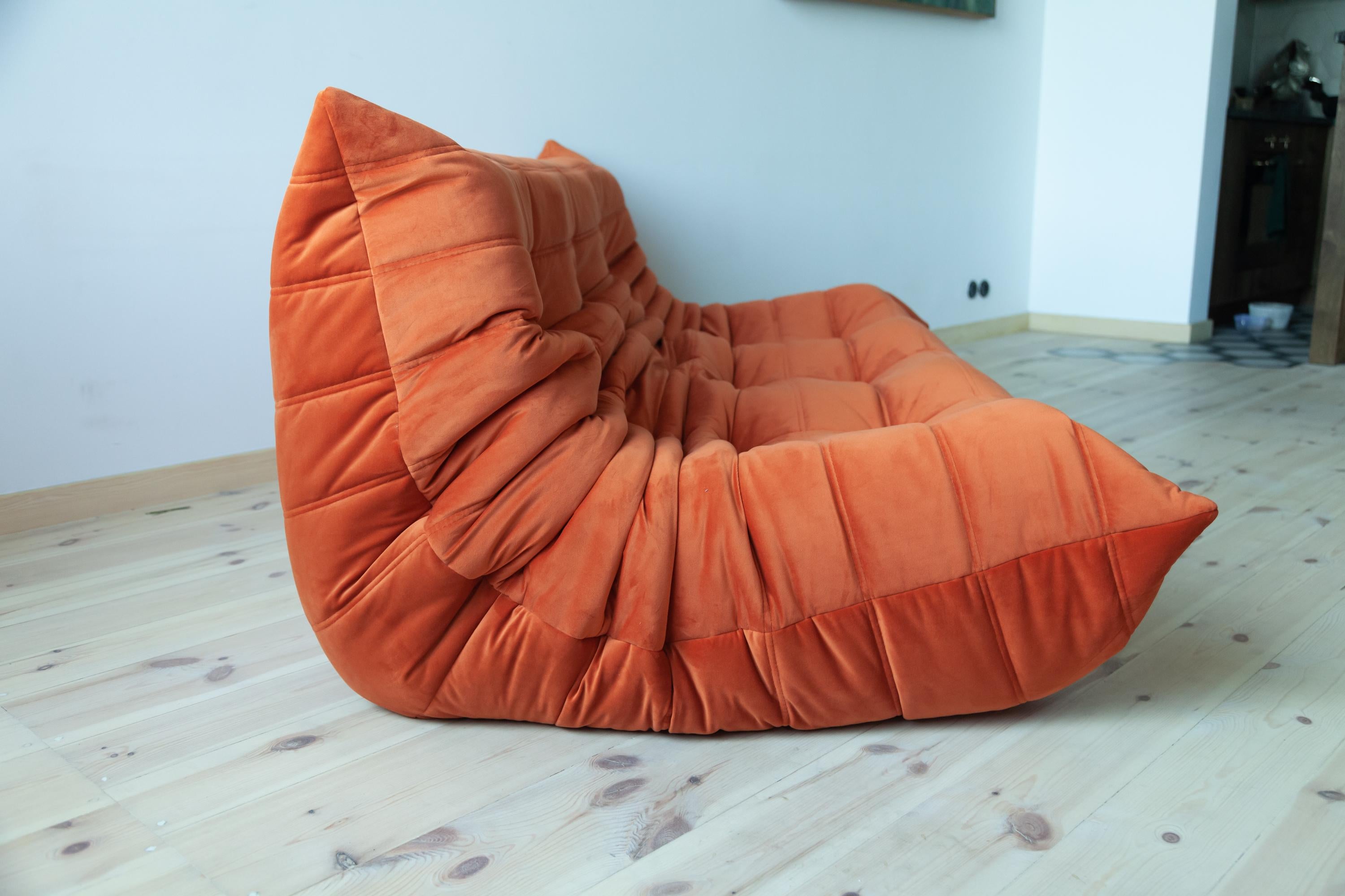 Togo 3-Seat Sofa in Orange Velvet by Michel Ducaroy for Ligne Roset For Sale 2