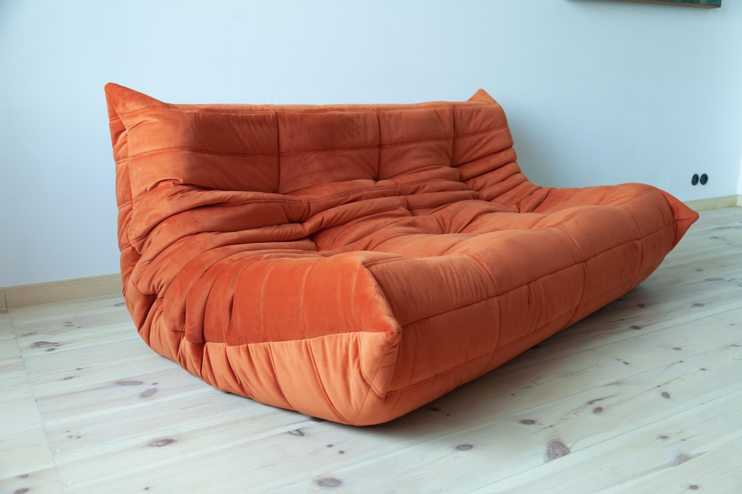 Togo 3-Seat Sofa in Orange Velvet by Michel Ducaroy for Ligne Roset For Sale 3