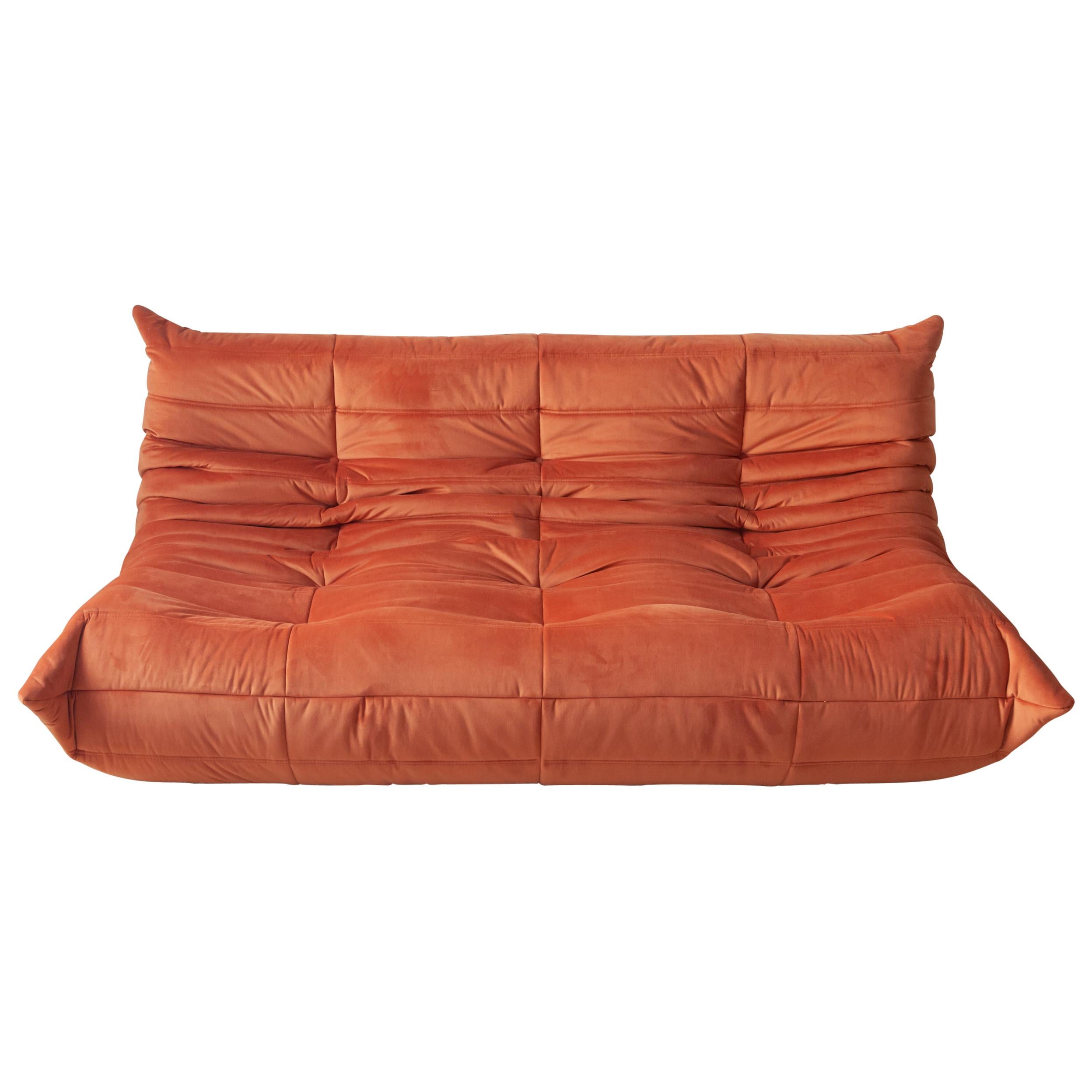 Togo 3-Seat Sofa in Orange Velvet by Michel Ducaroy for Ligne Roset For Sale