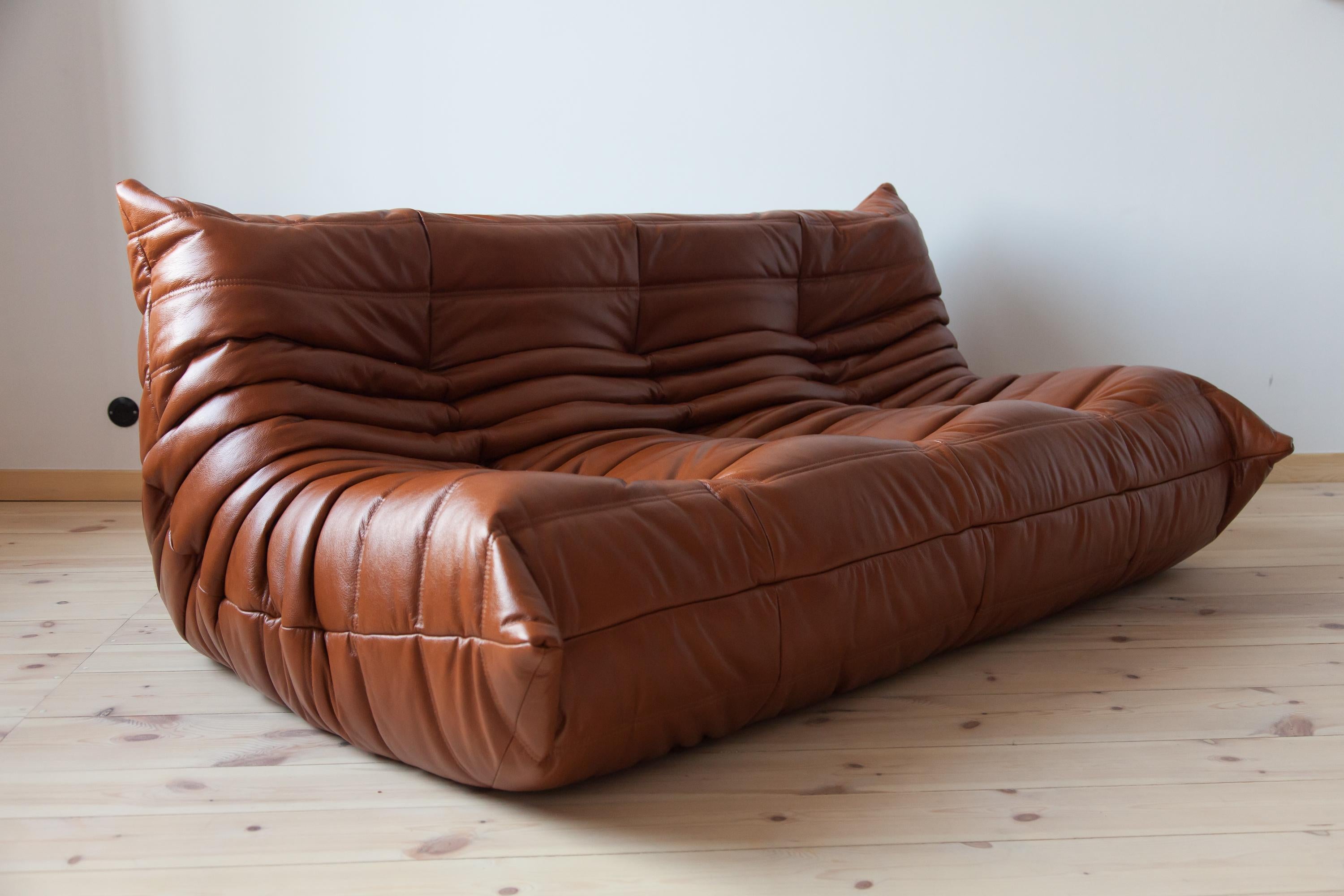 Togo 3-Seat Sofa in Whiskey Leather by Michel Ducaroy for Ligne Roset For Sale 5