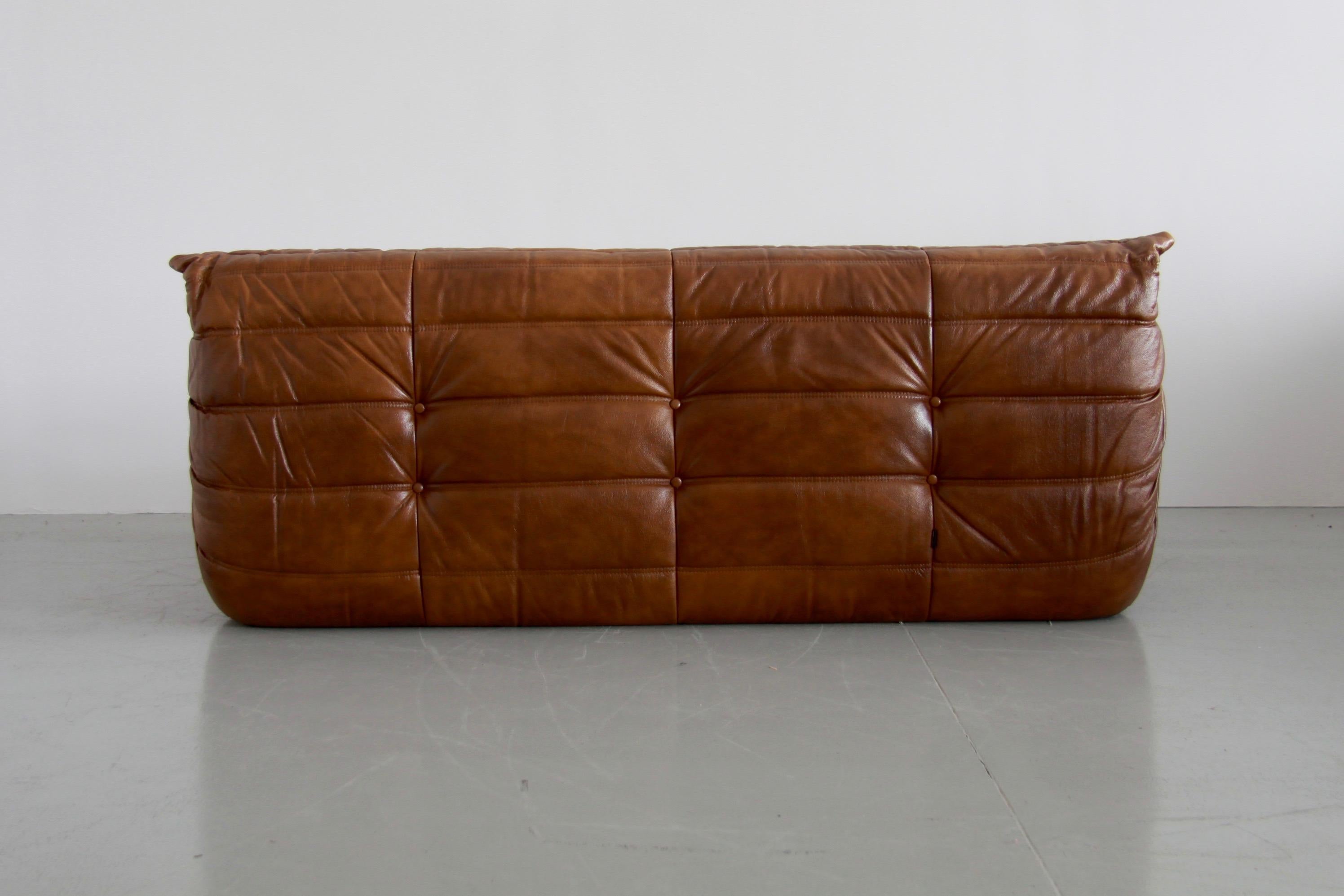 French Togo 3-Seat Sofa in Whiskey Leather by Michel Ducaroy for Ligne Roset