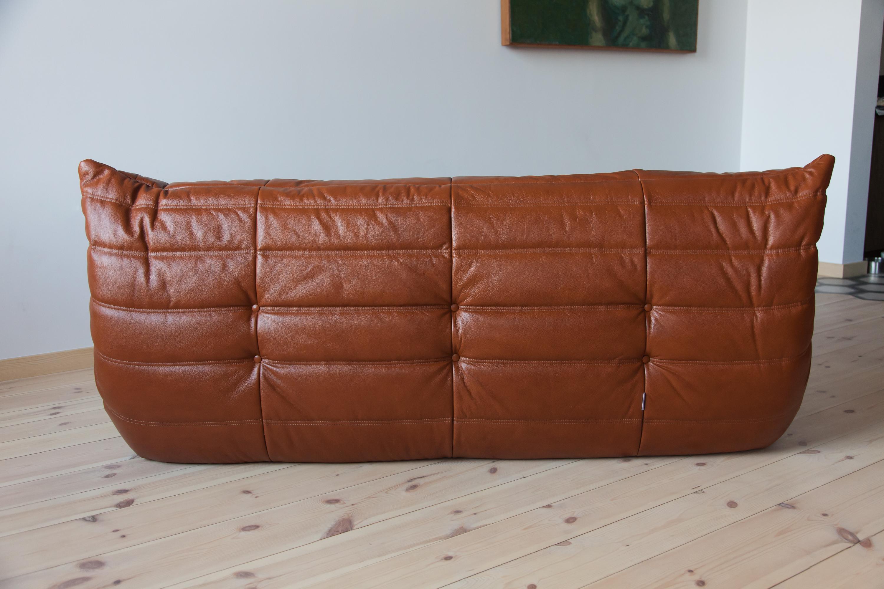 Togo 3-Seat Sofa in Whiskey Leather by Michel Ducaroy for Ligne Roset For Sale 2