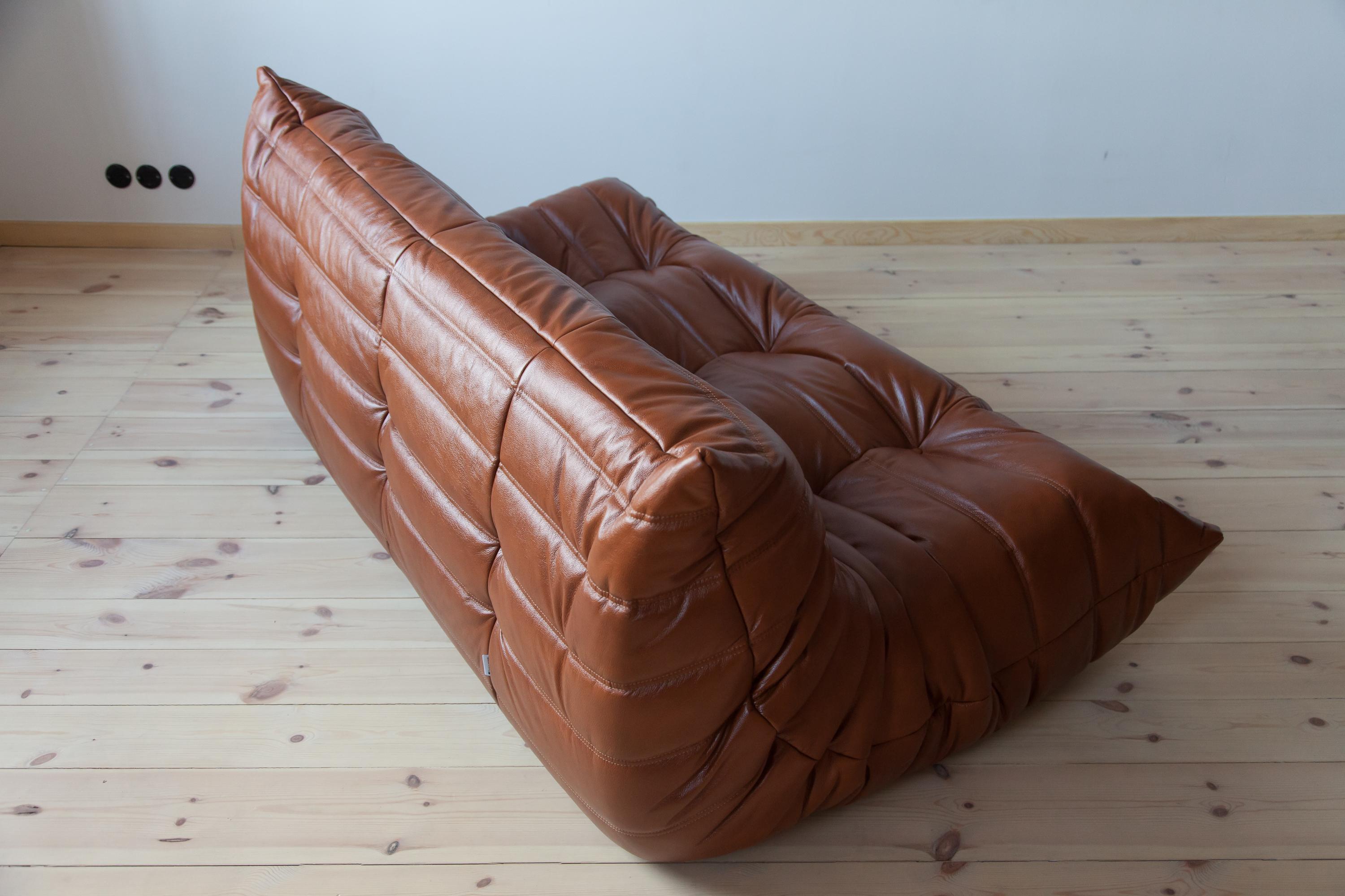 Togo 3-Seat Sofa in Whiskey Leather by Michel Ducaroy for Ligne Roset For Sale 3