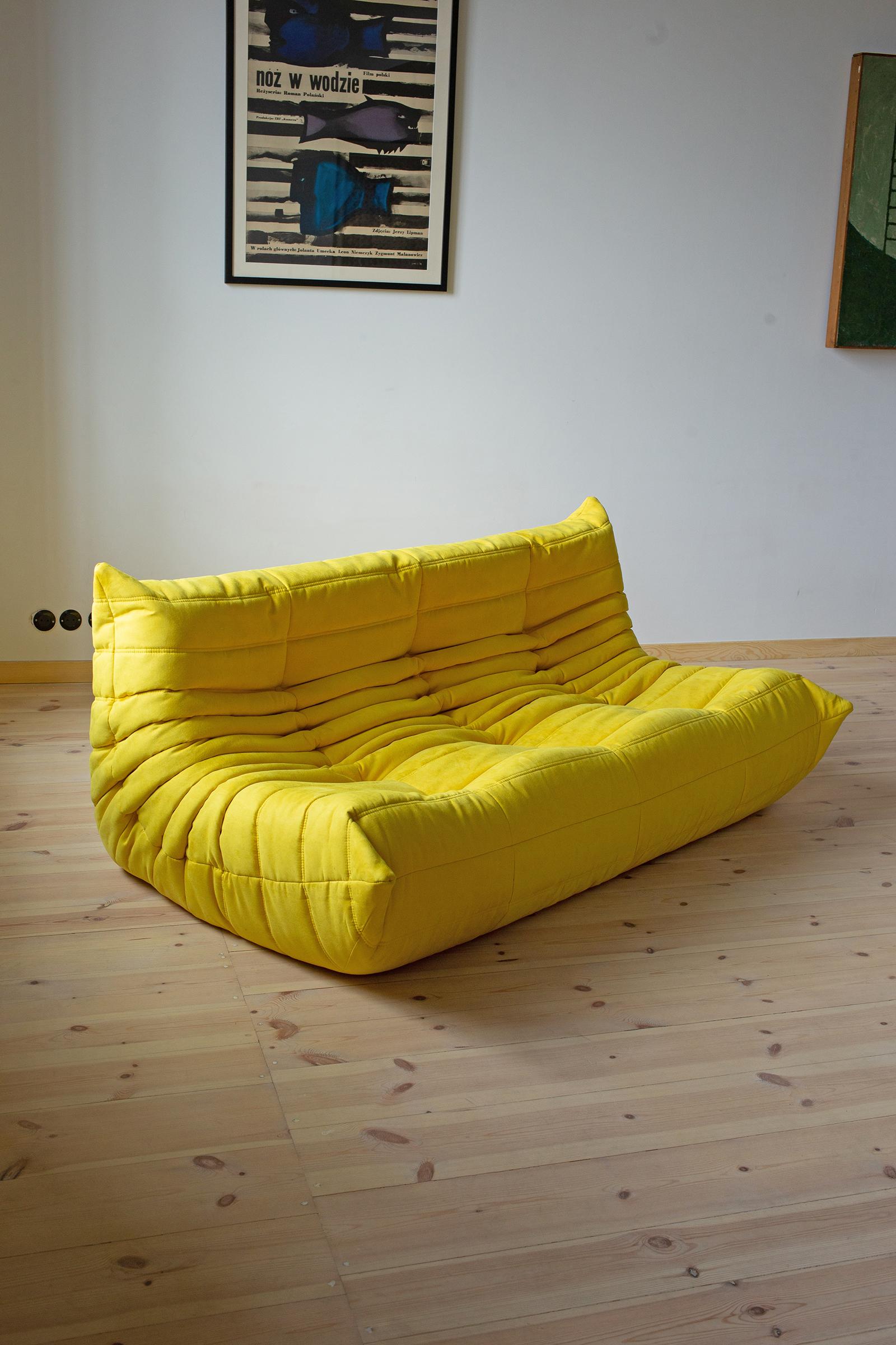 Mid-Century Modern Togo 3-Seat Sofa in Yellow Microfibre by Michel Ducaroy for Ligne Roset For Sale