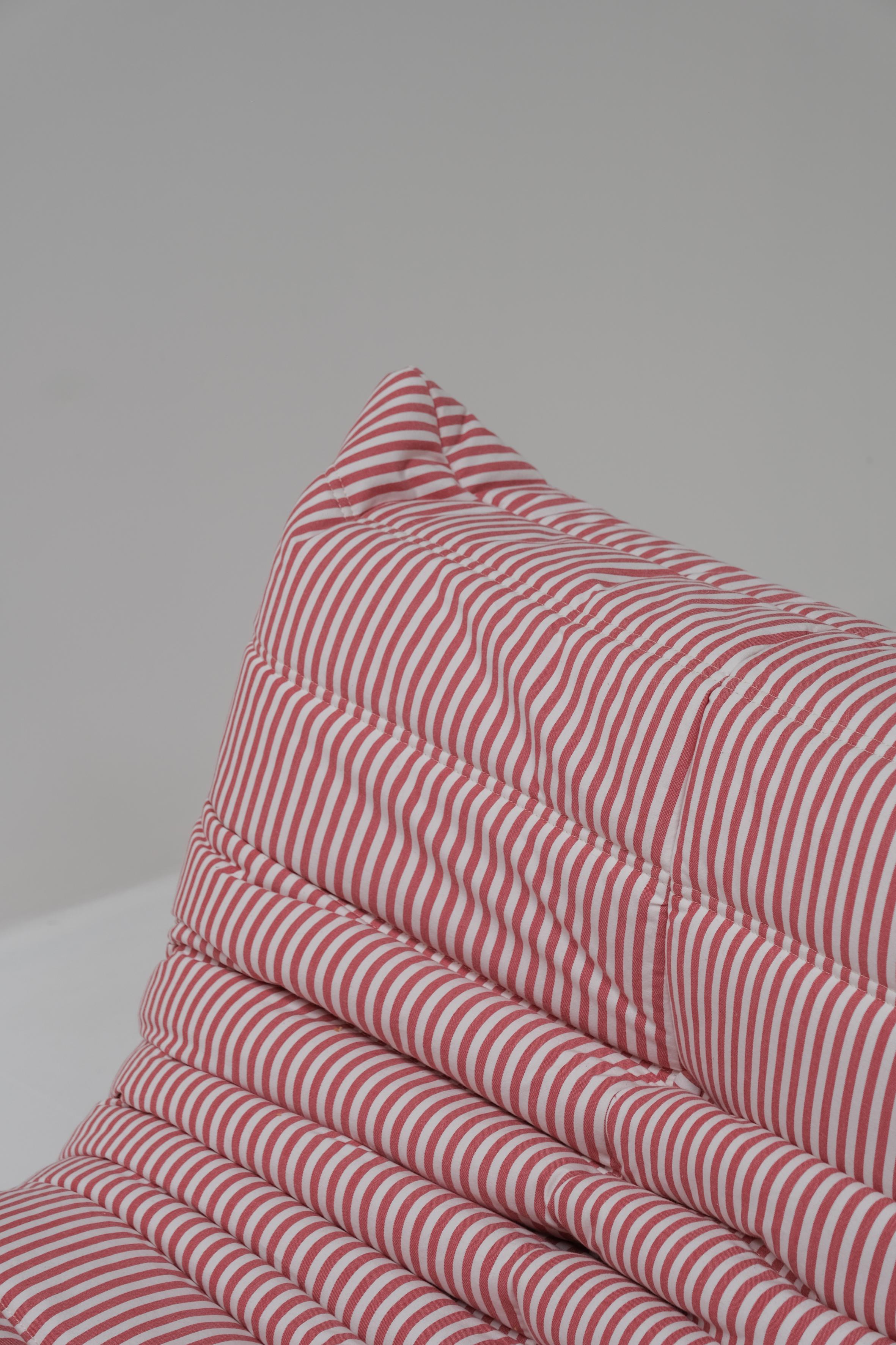 Textile Togo 3 seater red and white stripes by Michel Ducaroy for Ligne Roset 1970