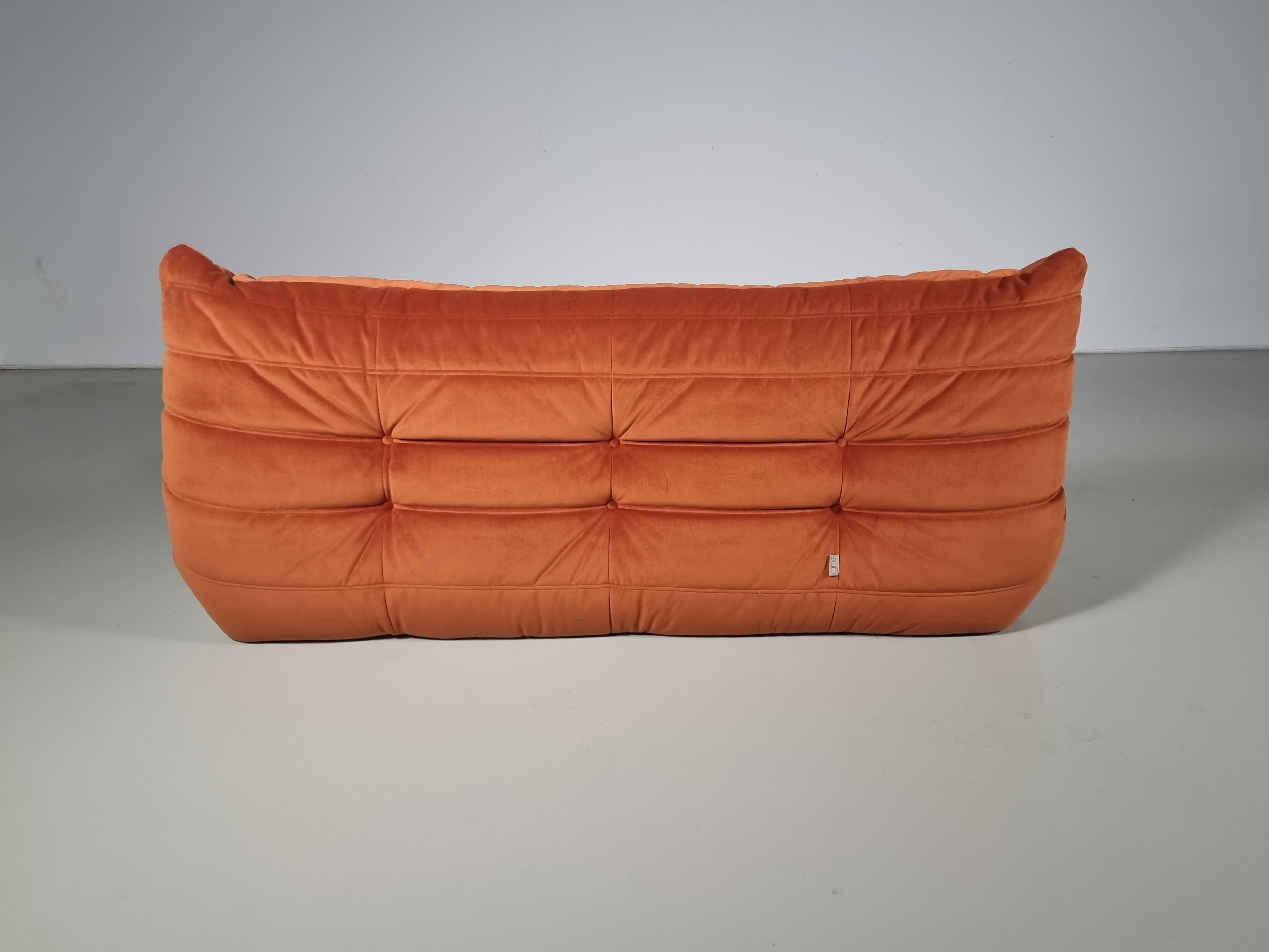 Mid-Century Modern Togo 3-seater Sofa in orange velvet by Michel Ducaroy for Ligne Roset, 1970s For Sale