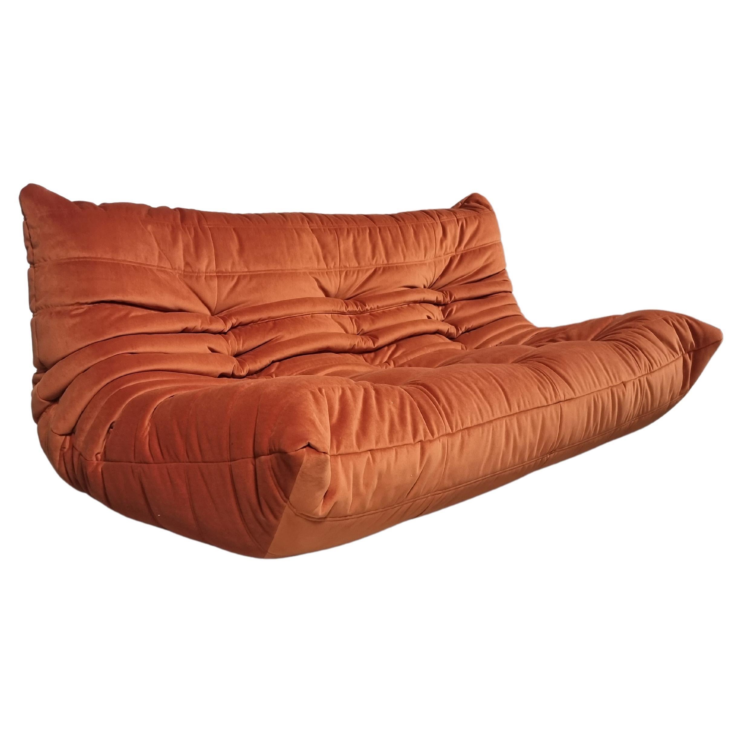 Togo 3-seater Sofa in orange velvet by Michel Ducaroy for Ligne Roset, 1970s