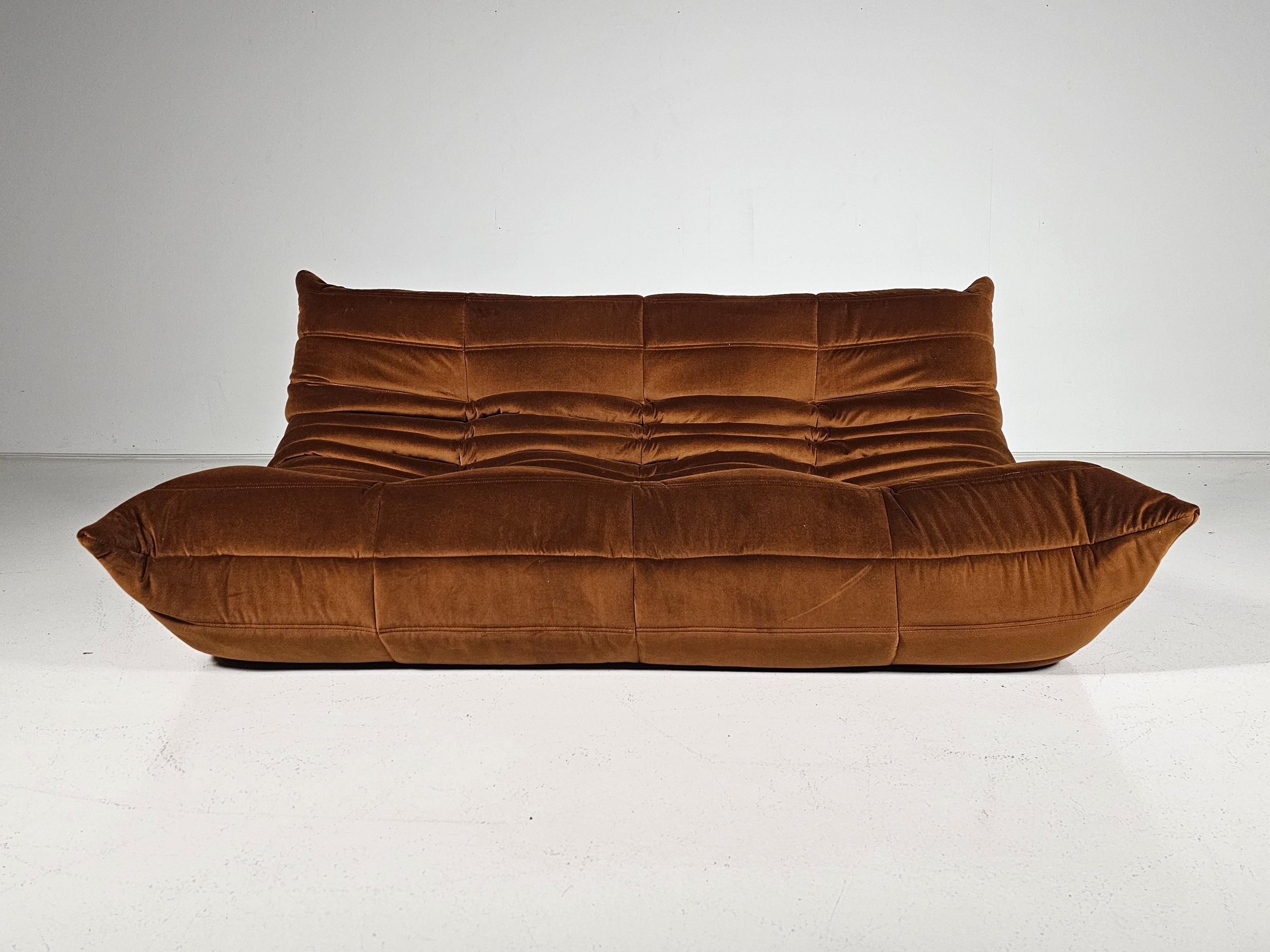 Togo 3-seater sofa designed by Michel Ducaroy in the 1970s for Ligne Roset.
It shows a nice warm natural color tone and its famous wrinkled cozy design.

Reupholstered in the most beautiful caramel brown cotton velvet by Aldeco. A comfortable and