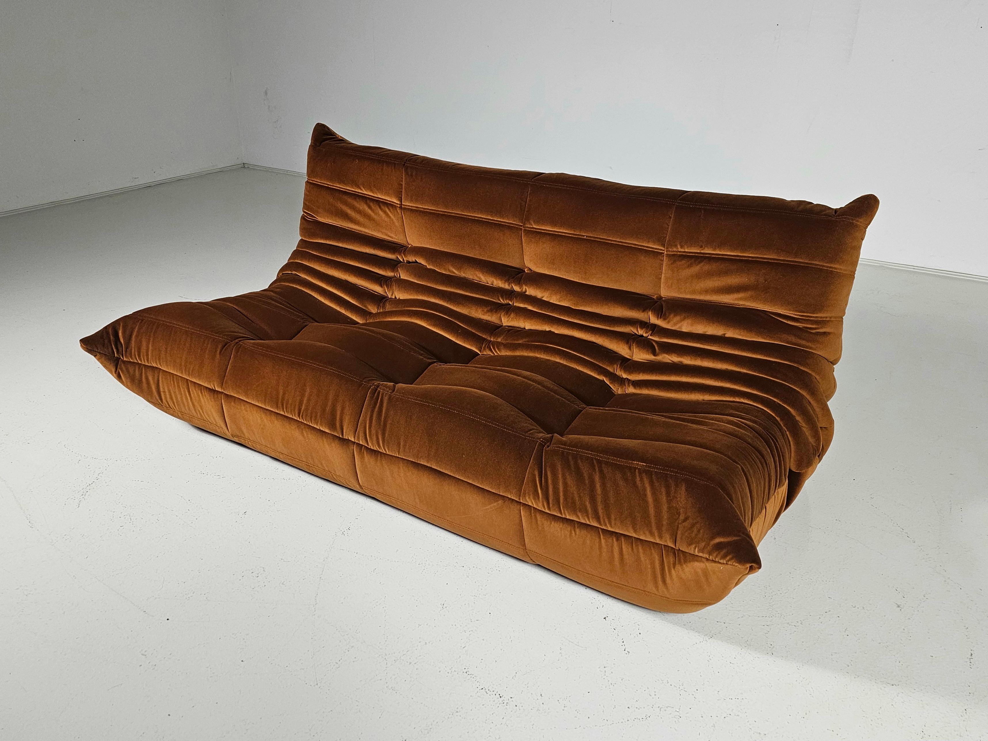 European Togo 3-seater Sofa in brown velvet by Michel Ducaroy for Ligne Roset, 1970s