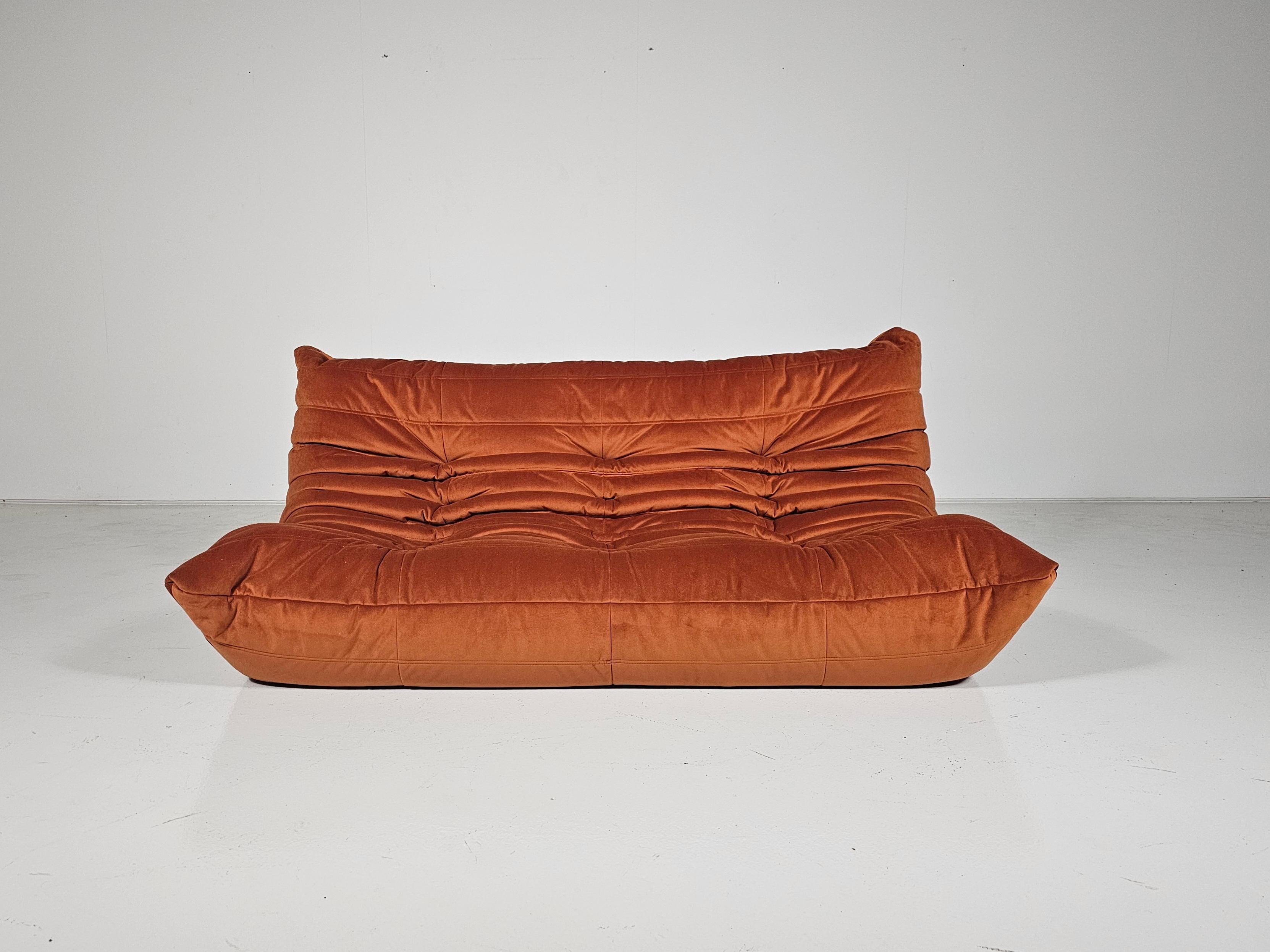 Togo sofa designed by Michel Ducaroy in the 1970s for Ligne Roset.
It shows a nice warm natural color tone and its famous wrinkled cozy design.
Lined underneath with original fabric and the original foam inside. Reupholstered in a high-quality