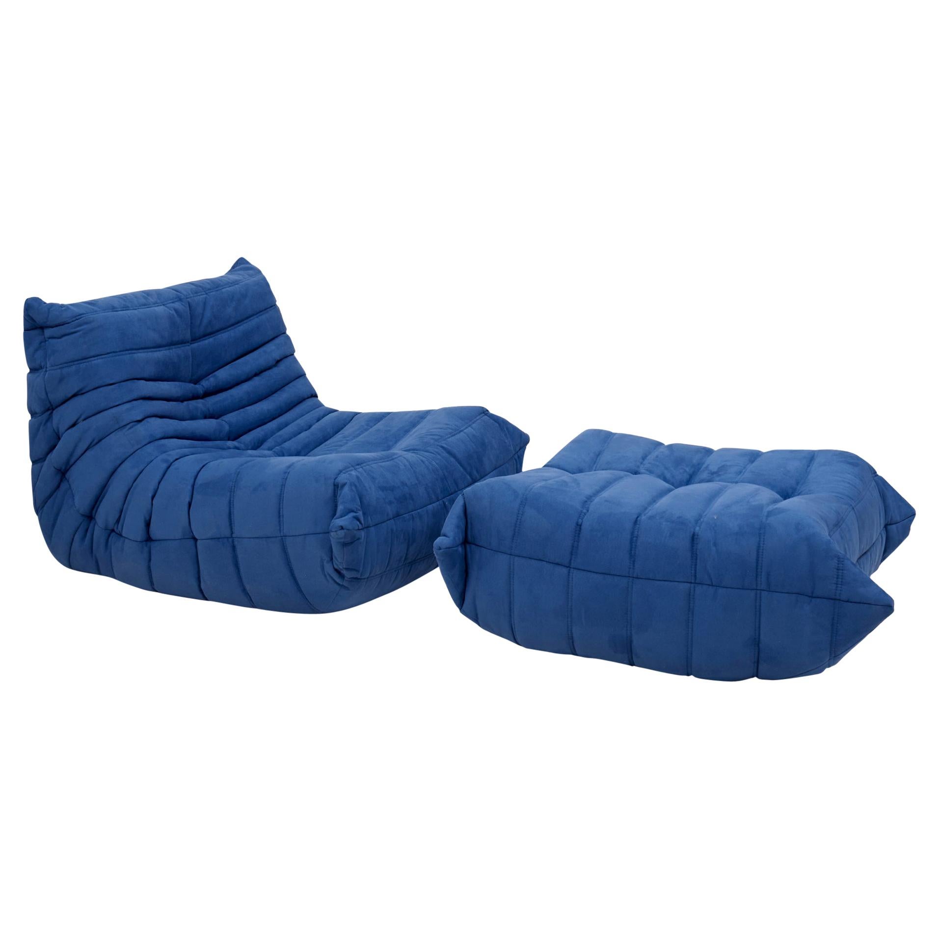 Togo Blue Armchair and Footstool by Michel Ducaroy for Ligne Roset, Set of 2