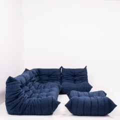 Togo Blue Modular Sofa and Footstool by Michel Ducaroy for Ligne Roset, Set of 4