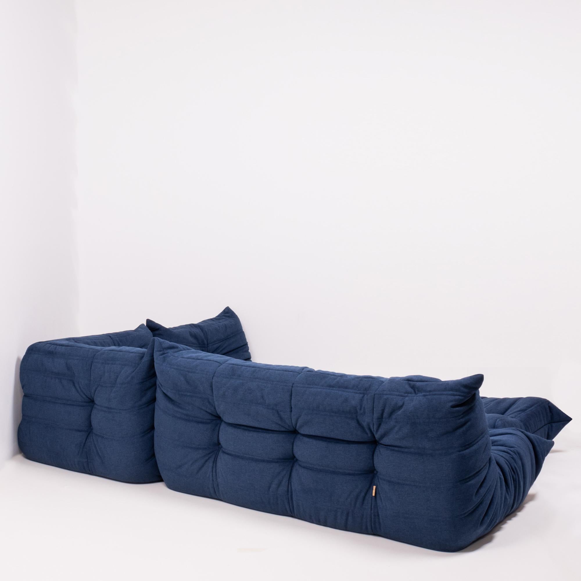 French Togo Blue Modular Sofa and Footstool by Michel Ducaroy for Ligne Roset, Set of 4