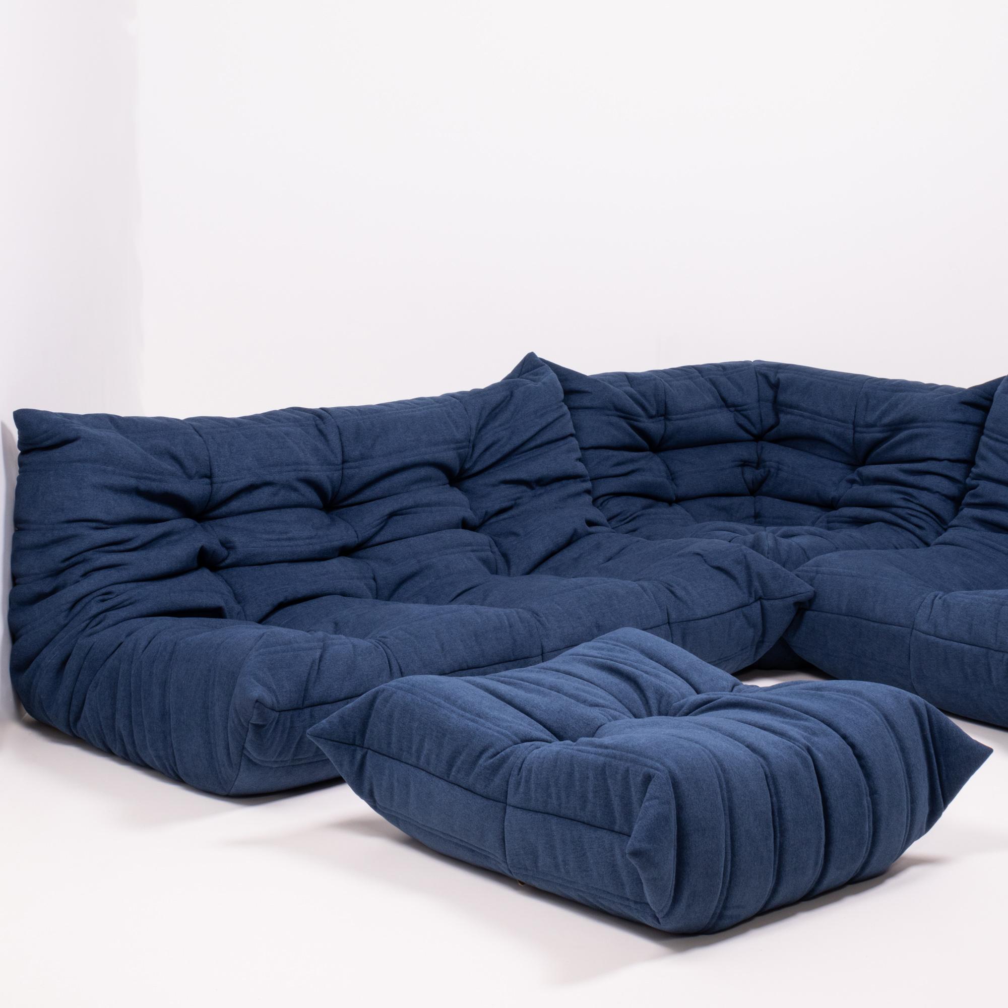 Late 20th Century Togo Blue Modular Sofa and Footstool by Michel Ducaroy for Ligne Roset, Set of 4
