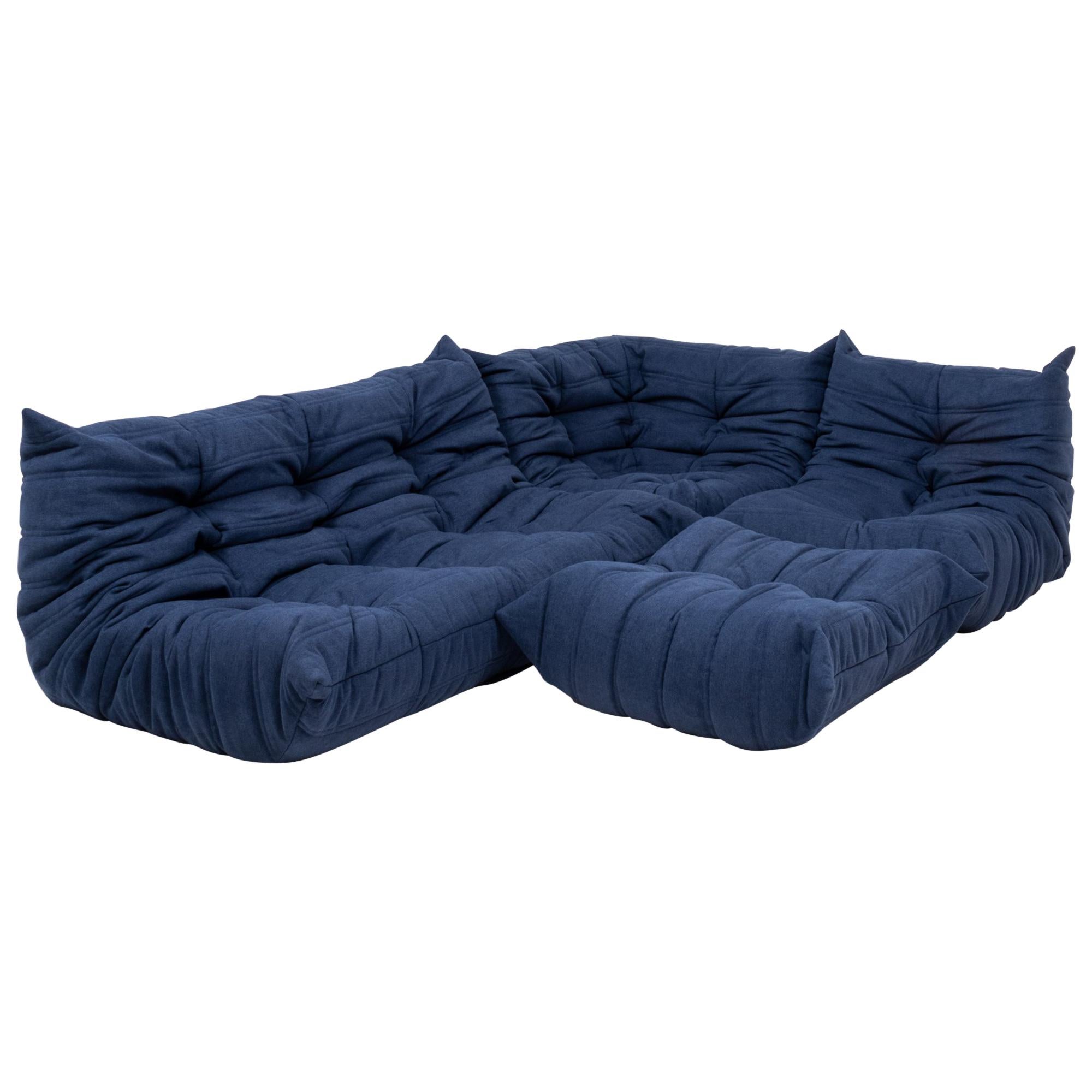 Togo Blue Modular Sofa and Footstool by Michel Ducaroy for Ligne Roset, Set of 4