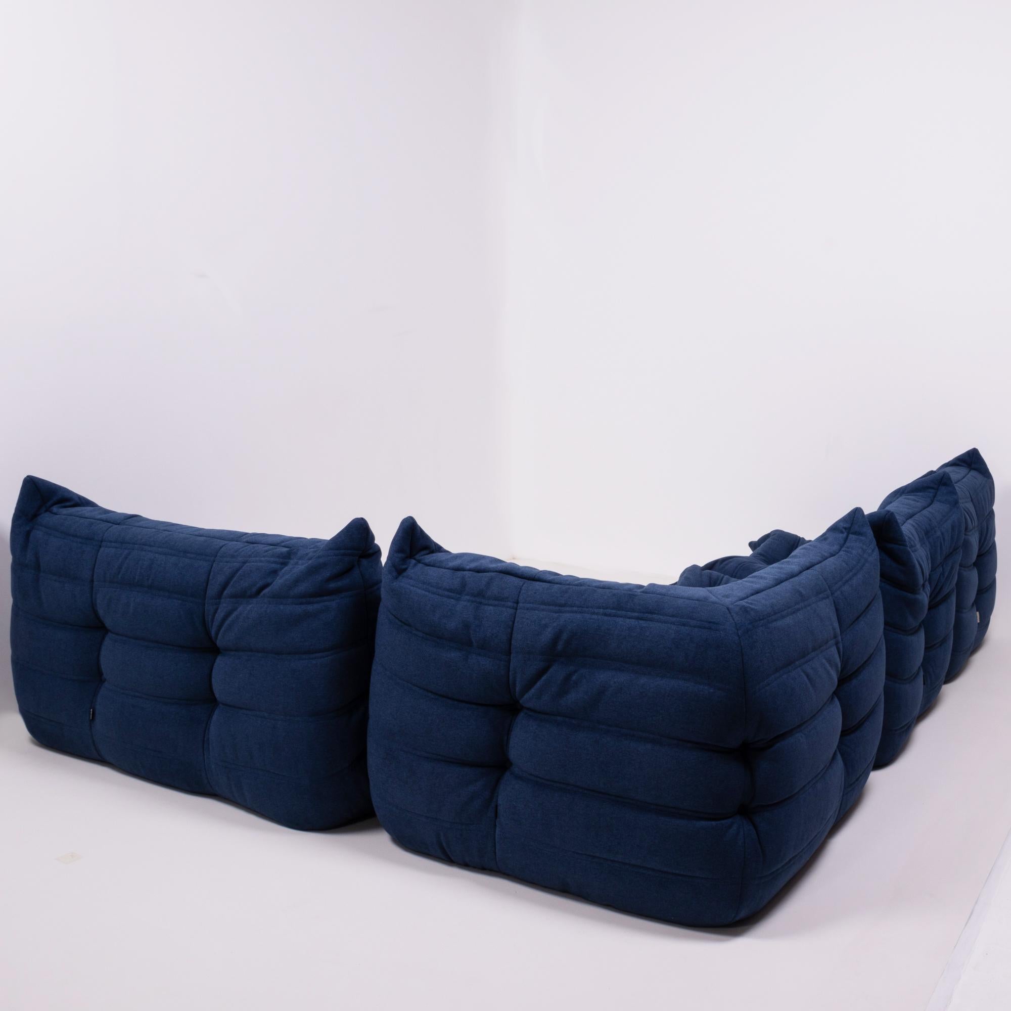 French Togo Blue Modular Sofa and Footstool by Michel Ducaroy for Ligne Roset, Set of 5