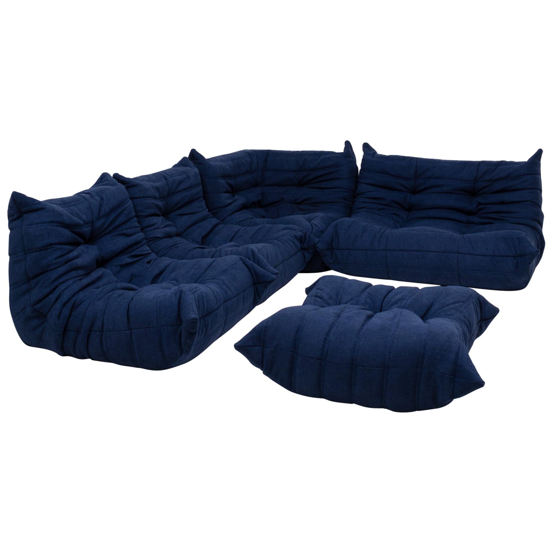 Togo Blue Modular Sofa and Footstool by Michel Ducaroy for Ligne Roset, Set of 5